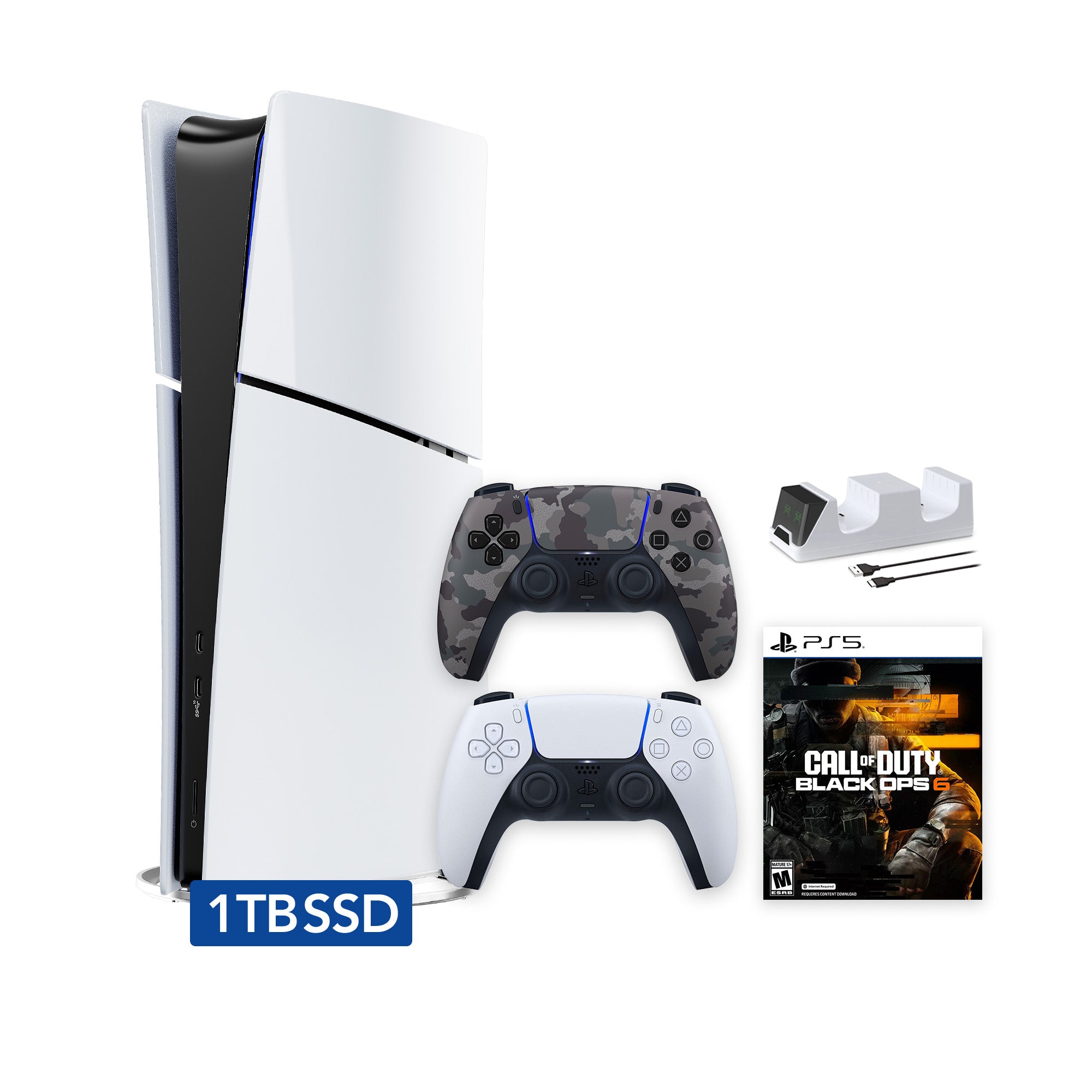 PlayStation 5 Slim Digital 1TB SSD Call of Duty Black Ops 6 Console with Two Controllers, White and Gray Camouflage DualSense and Dual Controller Charger - PS5 Slim Digital Console