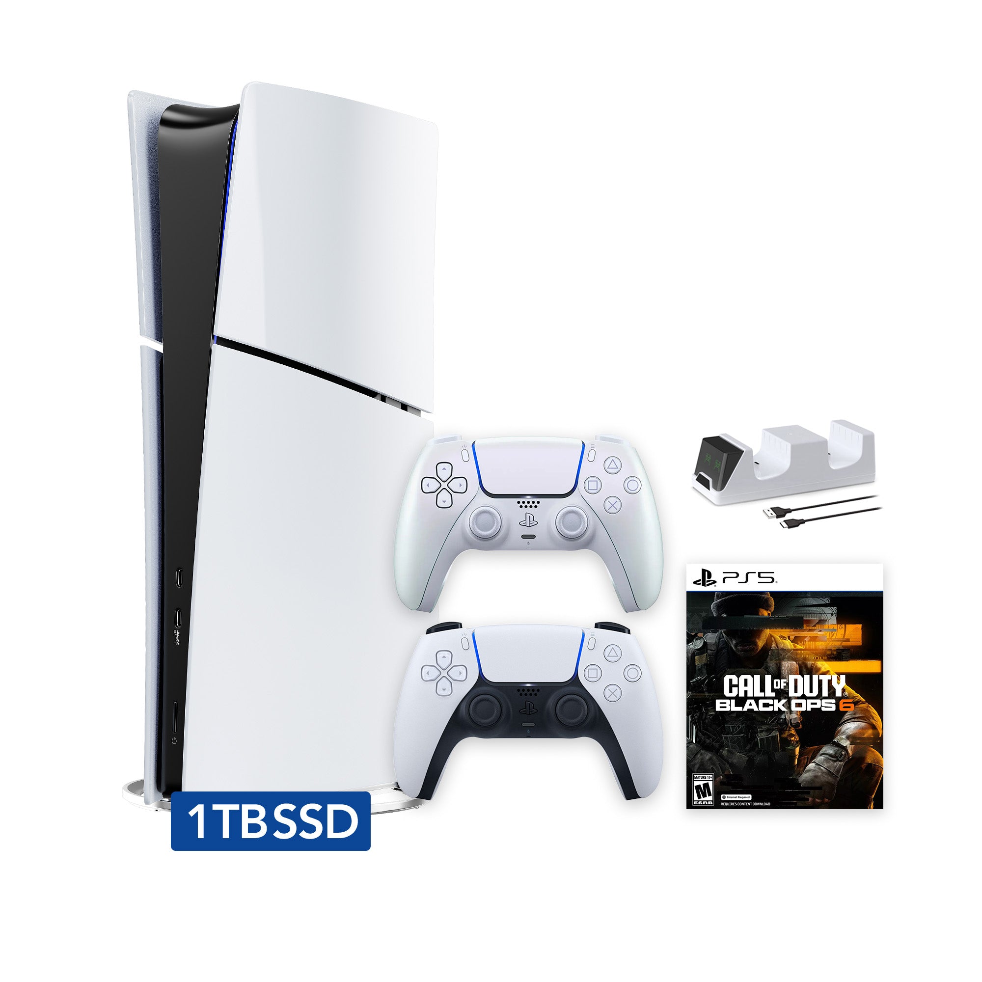 PlayStation 5 Slim Digital 1TB SSD Call of Duty Black Ops 6 Console with Two Controllers, White and Chroma Pearl DualSense and Dual Controller Charger - PS5 Slim Digital Console