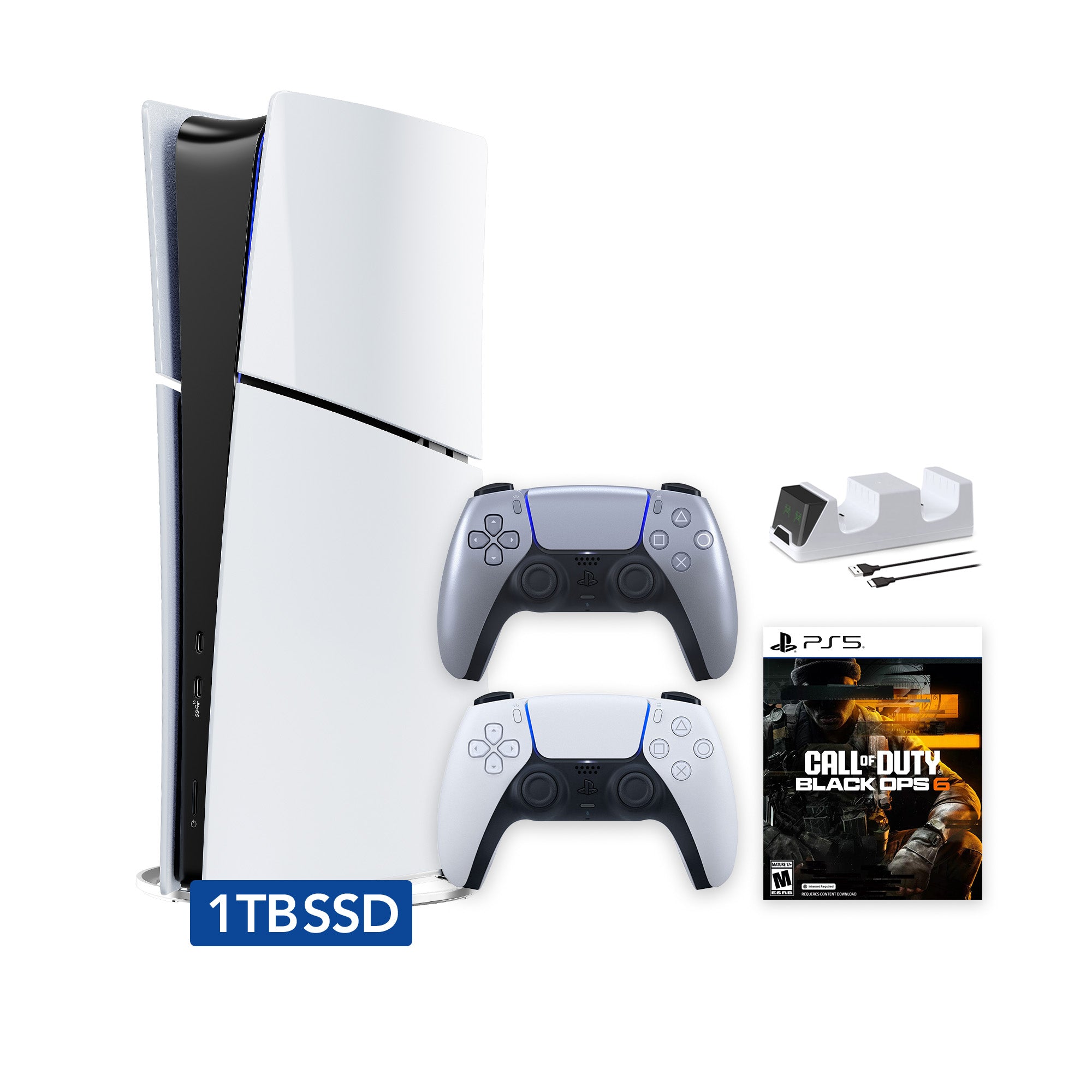 PlayStation 5 Slim Digital 1TB SSD Call of Duty Black Ops 6 Console with Two Controllers, White and Sterling Silver DualSense and Dual Controller Charger - PS5 Slim Digital Console