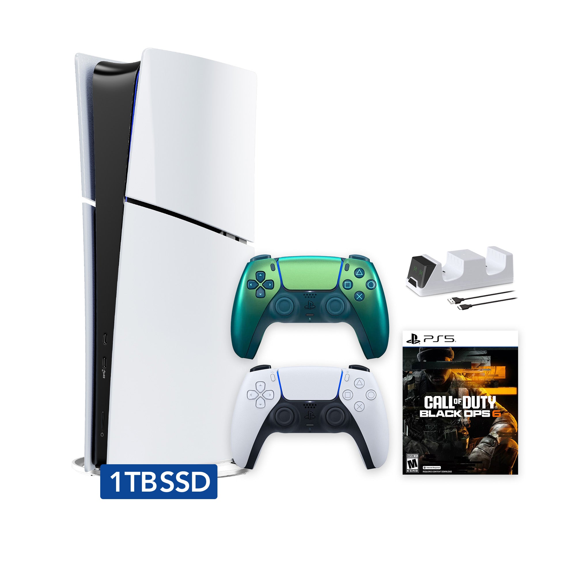 PlayStation 5 Slim Digital 1TB SSD Call of Duty Black Ops 6 Console with Two Controllers, White and Chroma Teal DualSense and Dual Controller Charger - PS5 Slim Digital Console