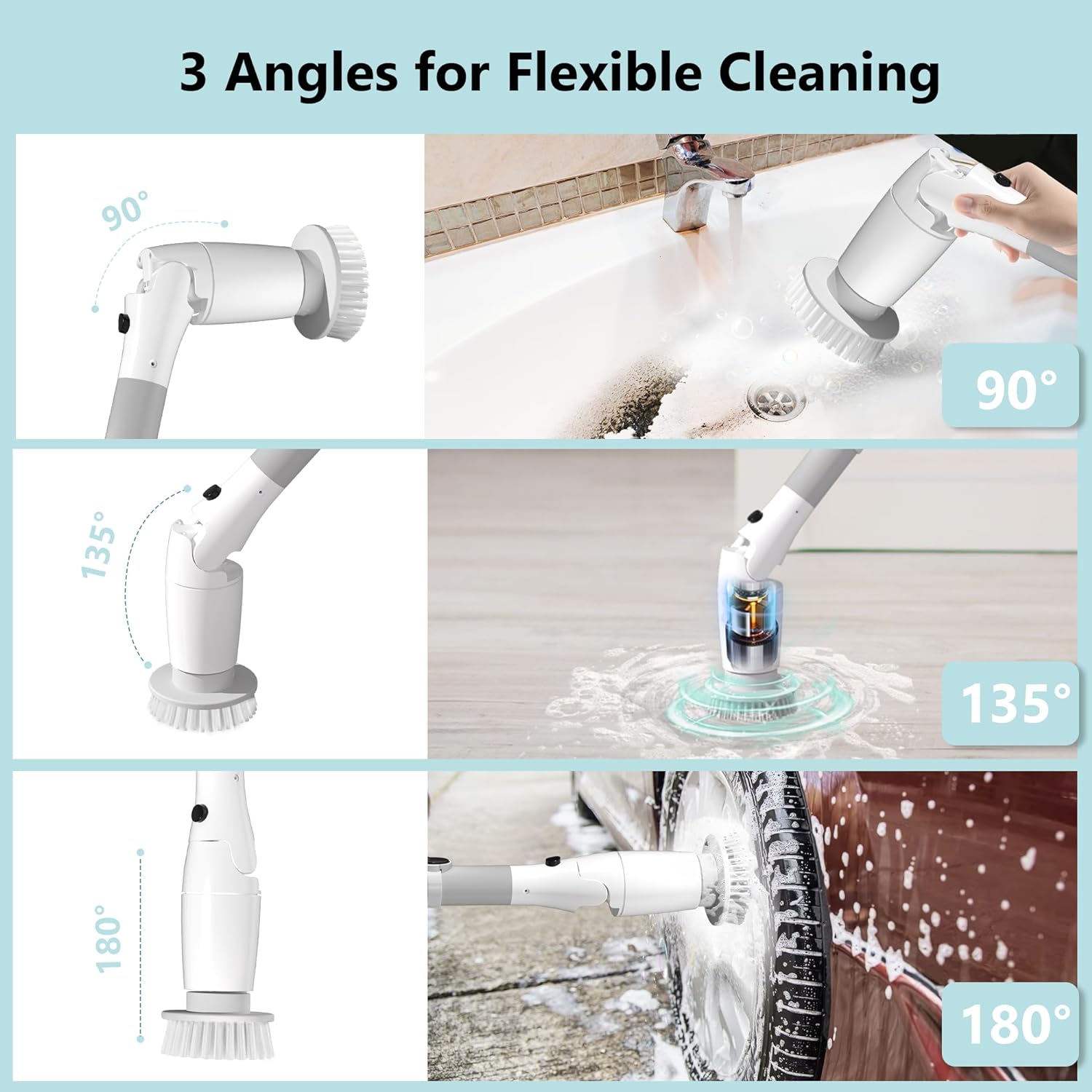 Capon Electric Spin Scrubber, 2023 Newly Upgrade Rechargeable Cordless Cleaning Brush with 8 Replaceable Brush Heads, LED Display, Power 2 Speeds, Adjustable Long Handle, for Bathroom Floor Tile Car