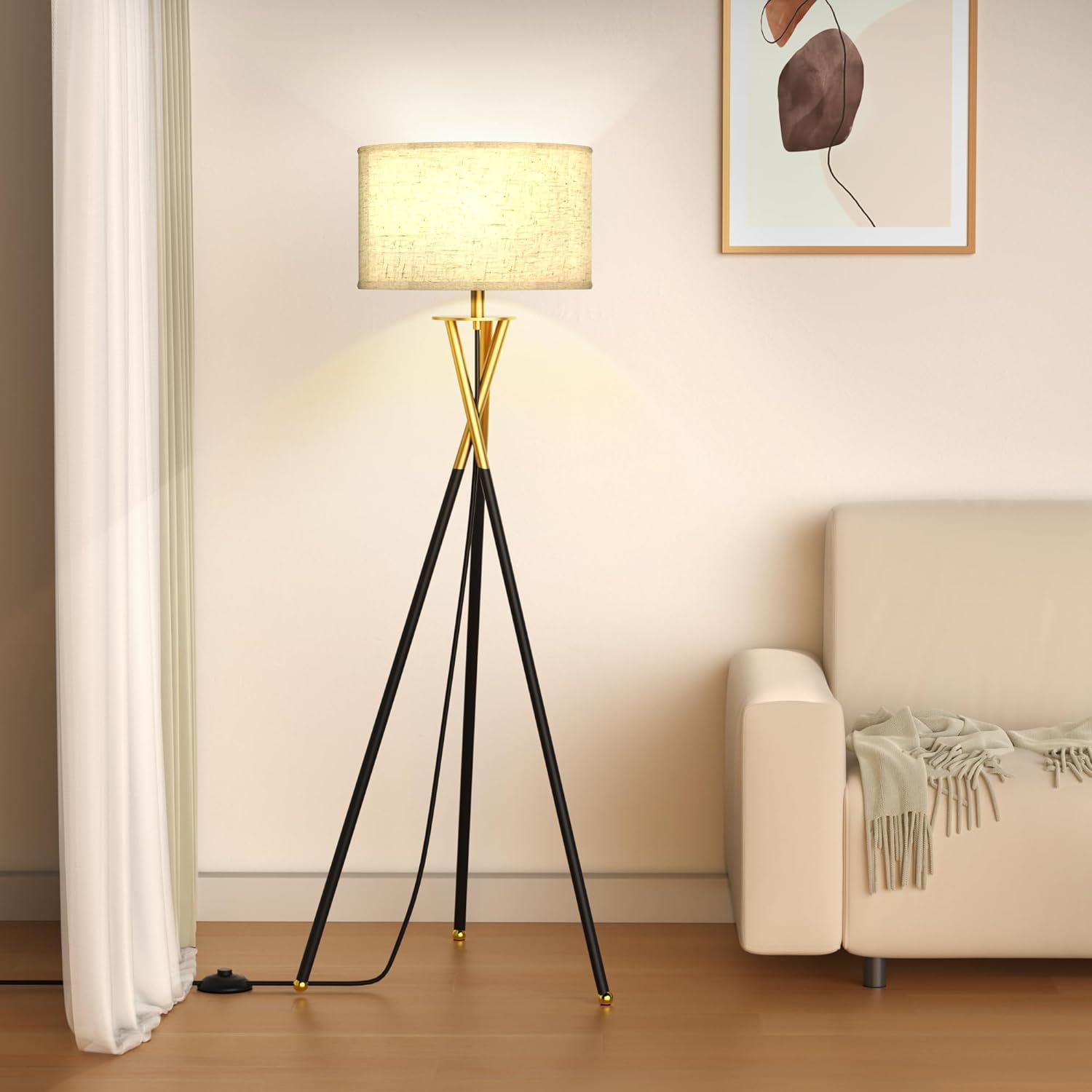 Capon Tripod Floor Lamp for Living Room, Tall Standing Lamp White with E26 Bulbs, Beige/Black Linen Shade and 3 Color Temperatures, Ideal for Bedroom, Office, Classroom, Dorm Room and Study Room