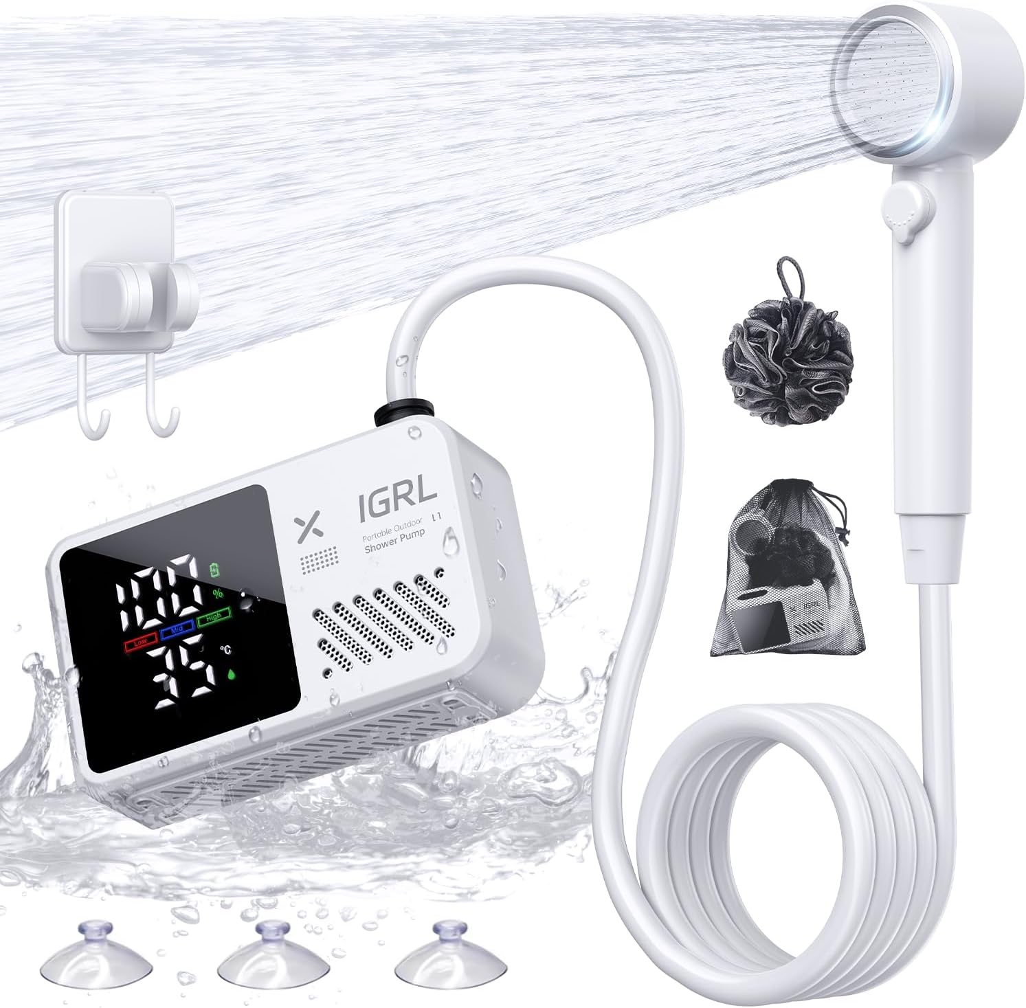 Portable Camping Shower kit - Rechargeable Pump with Bath Sponge, One-Button Control, 10L/min Flow, 4 Spray Modes,  IPX8 Waterproof, for Hiking, Travel, Car Washing, Pet, Watering Plants White