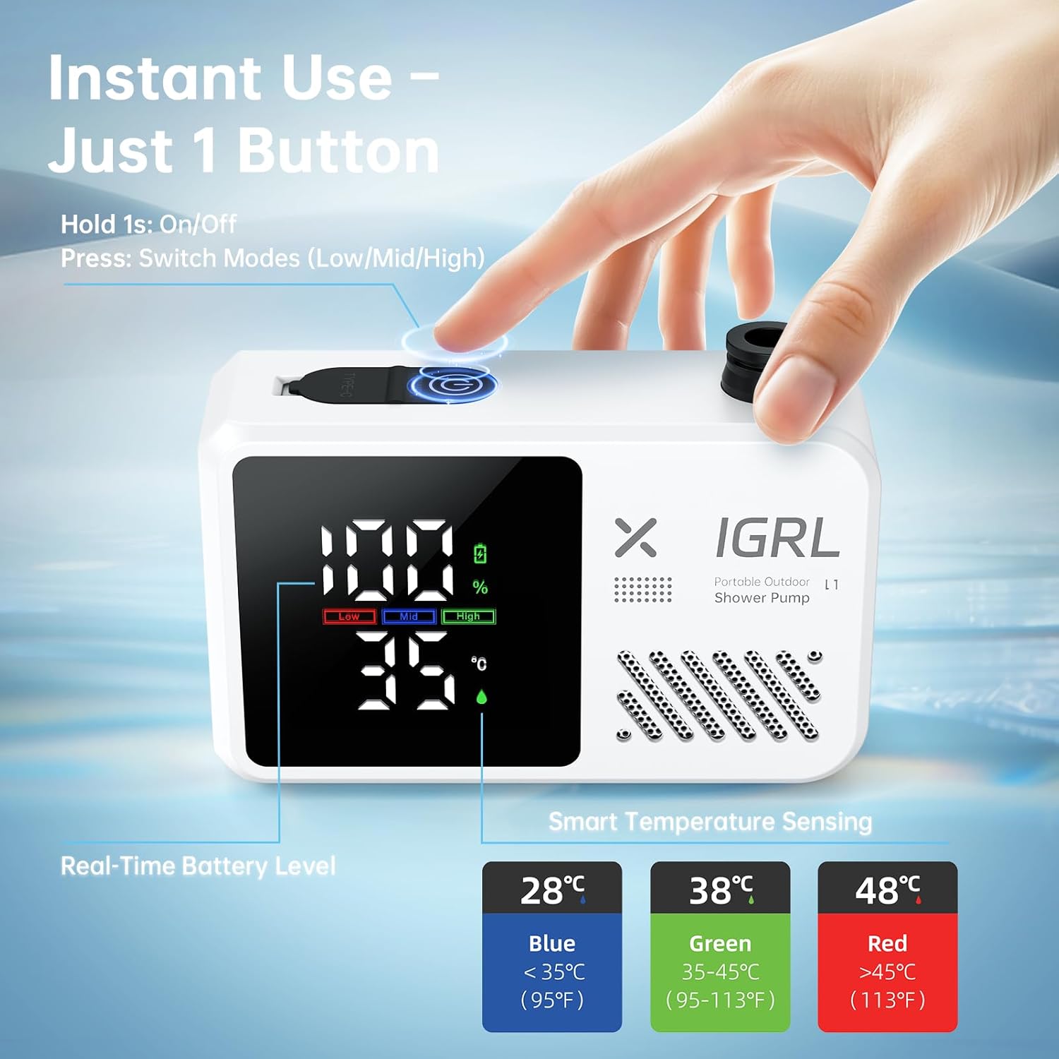 Portable Camping Shower kit - Rechargeable Pump with Bath Sponge, One-Button Control, 10L/min Flow, 4 Spray Modes,  IPX8 Waterproof, for Hiking, Travel, Car Washing, Pet, Watering Plants White
