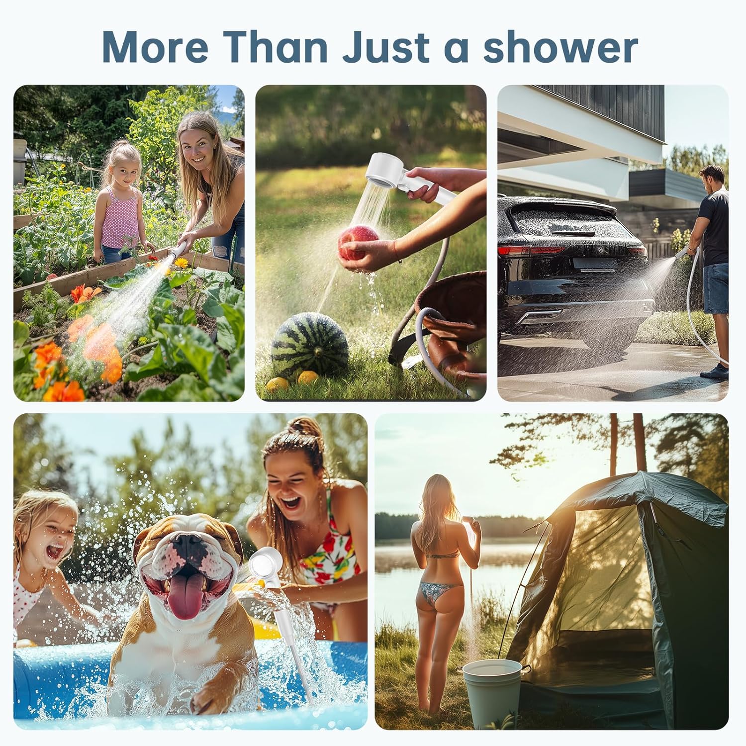 Portable Camping Shower kit - Rechargeable Pump with Bath Sponge, One-Button Control, 10L/min Flow, 4 Spray Modes,  IPX8 Waterproof, for Hiking, Travel, Car Washing, Pet, Watering Plants White