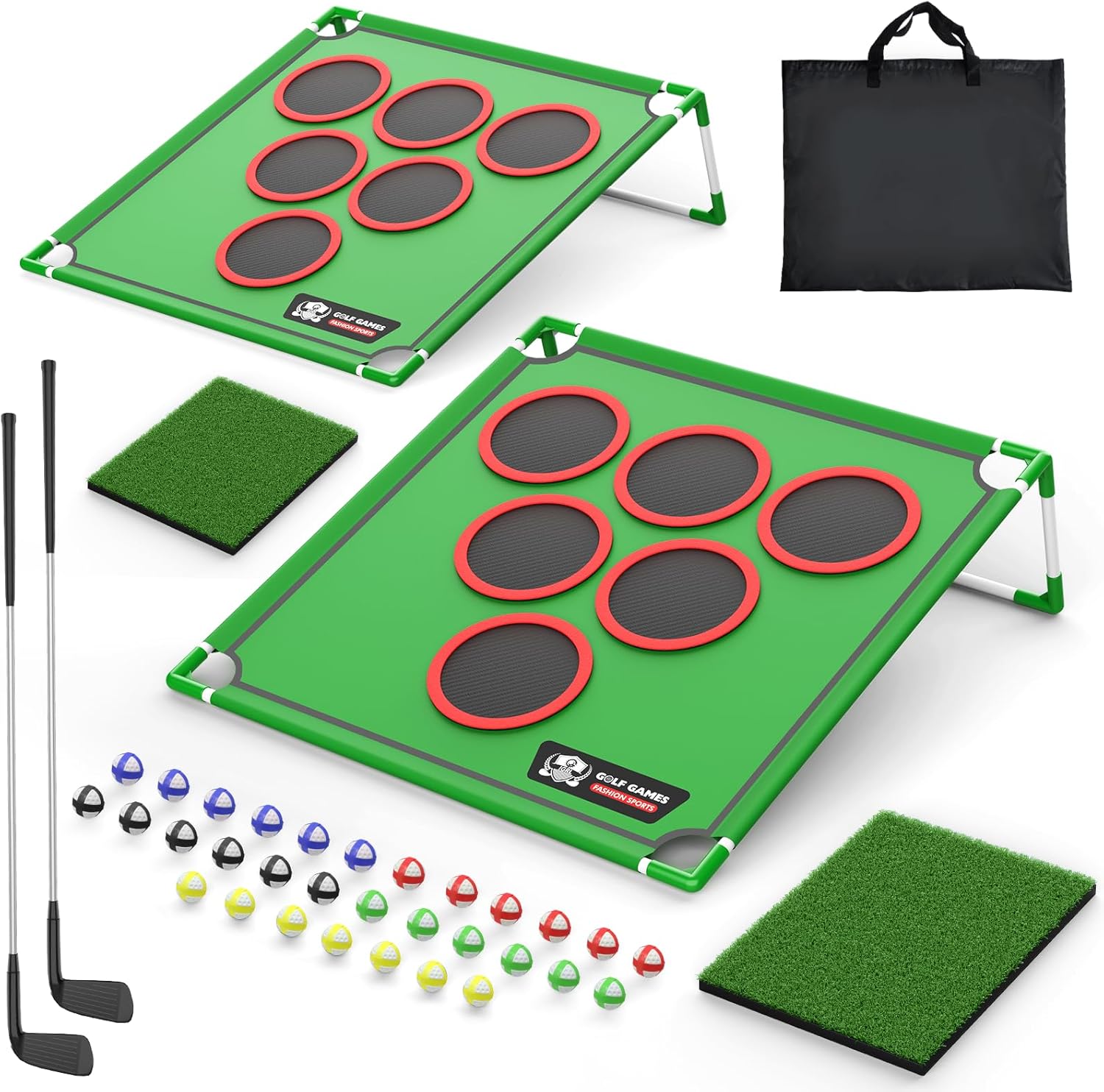 Golf Chipping Cornhole Set - 20 Velcro Balls, Putting Mat, Putter and Carrying Bag - Target Games for Golfers, Fathers, Indoor Outdoor Backyard