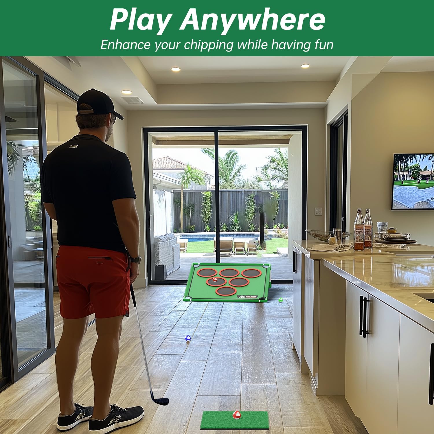 Golf Chipping Cornhole Set - 20 Velcro Balls, Putting Mat, Putter and Carrying Bag - Target Games for Golfers, Fathers, Indoor Outdoor Backyard