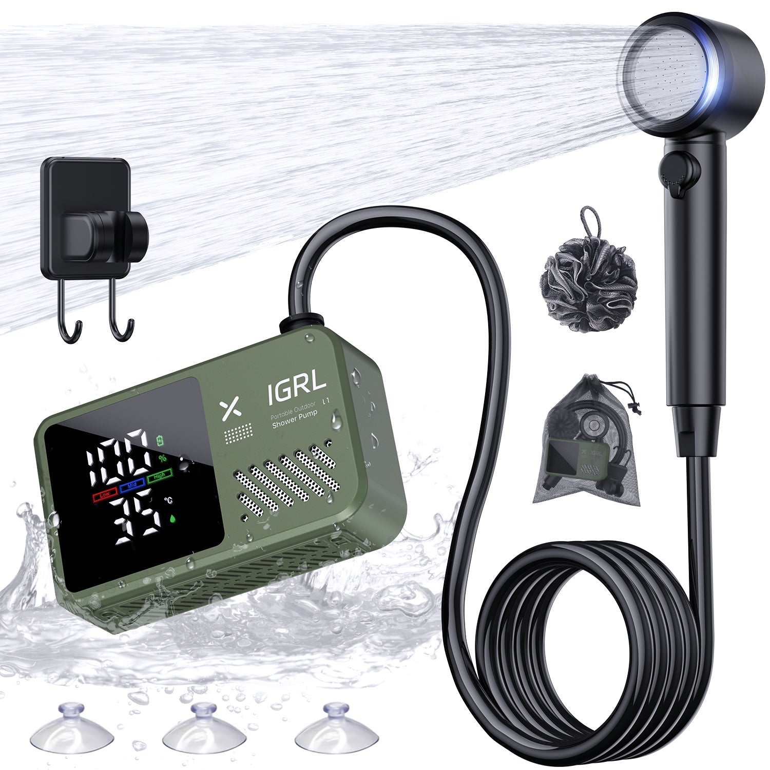Portable Camping Shower kit - Rechargeable Pump with Bath Sponge, One-Button Control, 10L/min Flow, 4 Spray Modes,  IPX8 Waterproof, for Hiking, Travel, Car Washing, Pet, Watering Plants Green
