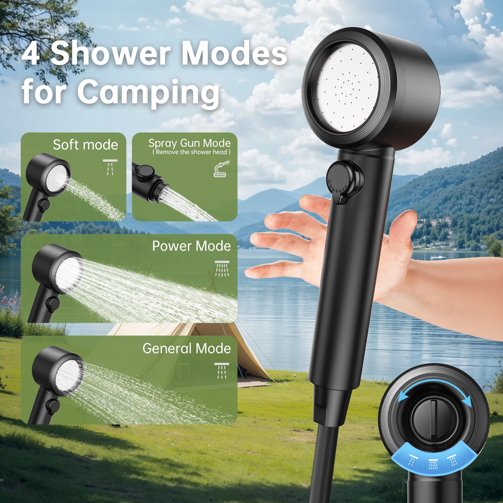 Portable Camping Shower kit - Rechargeable Pump with Bath Sponge, One-Button Control, 10L/min Flow, 4 Spray Modes,  IPX8 Waterproof, for Hiking, Travel, Car Washing, Pet, Watering Plants Green