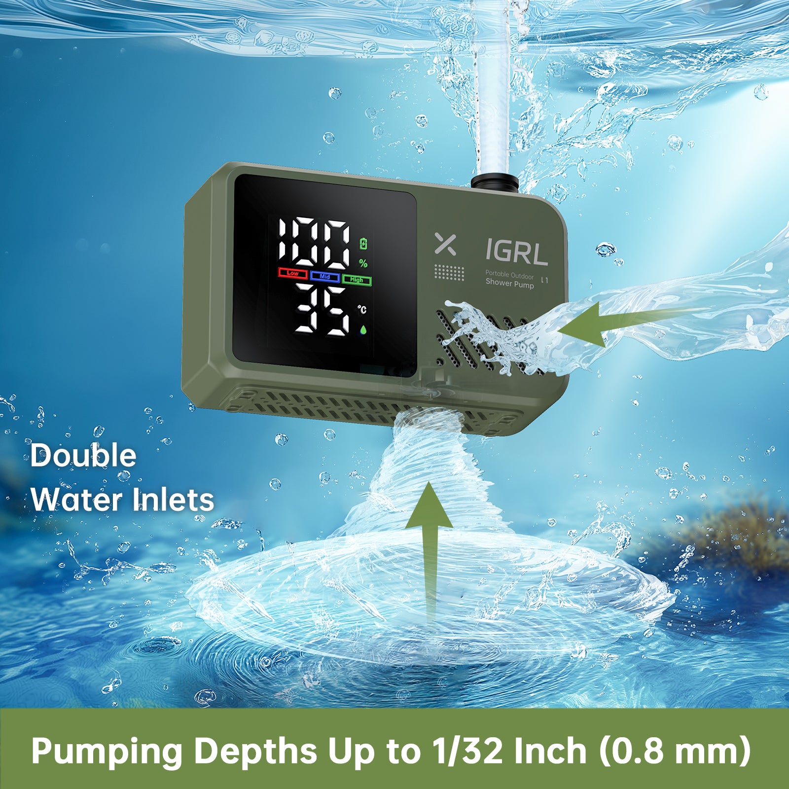 Portable Camping Shower kit - Rechargeable Pump with Bath Sponge, One-Button Control, 10L/min Flow, 4 Spray Modes,  IPX8 Waterproof, for Hiking, Travel, Car Washing, Pet, Watering Plants Green