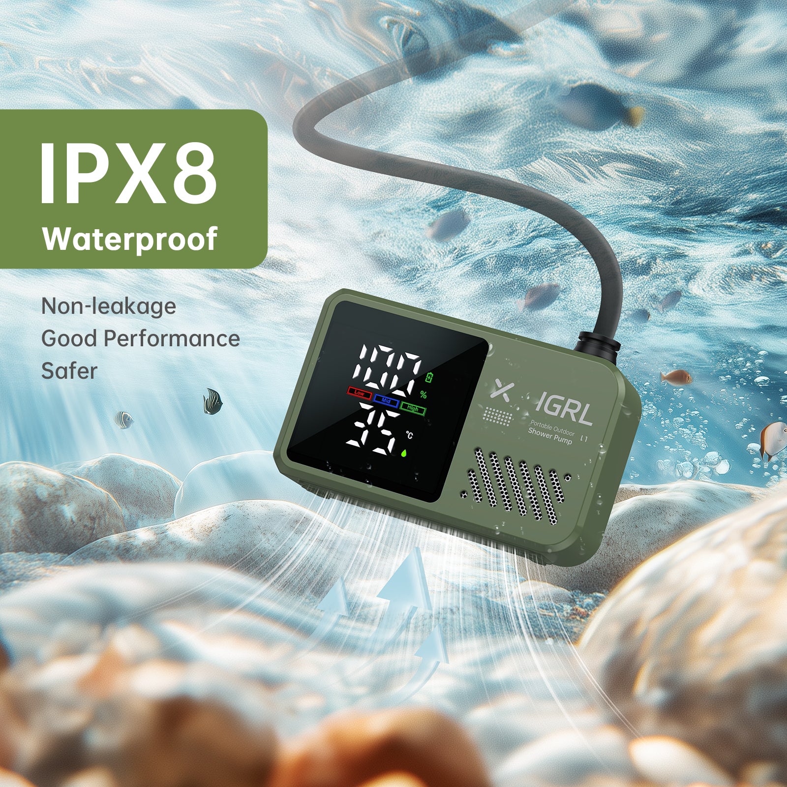 Portable Camping Shower kit - Rechargeable Pump with Bath Sponge, One-Button Control, 10L/min Flow, 4 Spray Modes,  IPX8 Waterproof, for Hiking, Travel, Car Washing, Pet, Watering Plants Green
