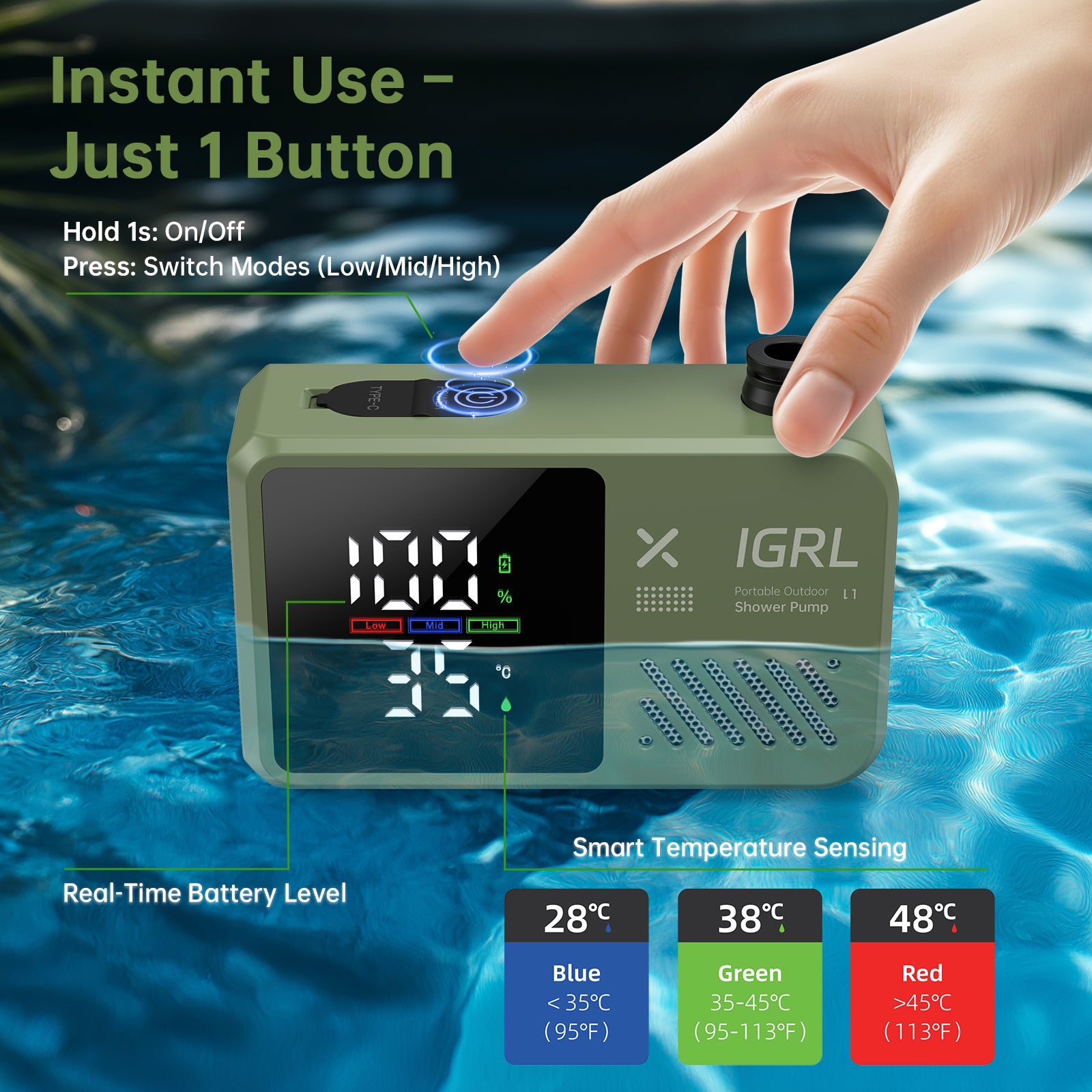 Portable Camping Shower kit - Rechargeable Pump with Bath Sponge, One-Button Control, 10L/min Flow, 4 Spray Modes,  IPX8 Waterproof, for Hiking, Travel, Car Washing, Pet, Watering Plants Green