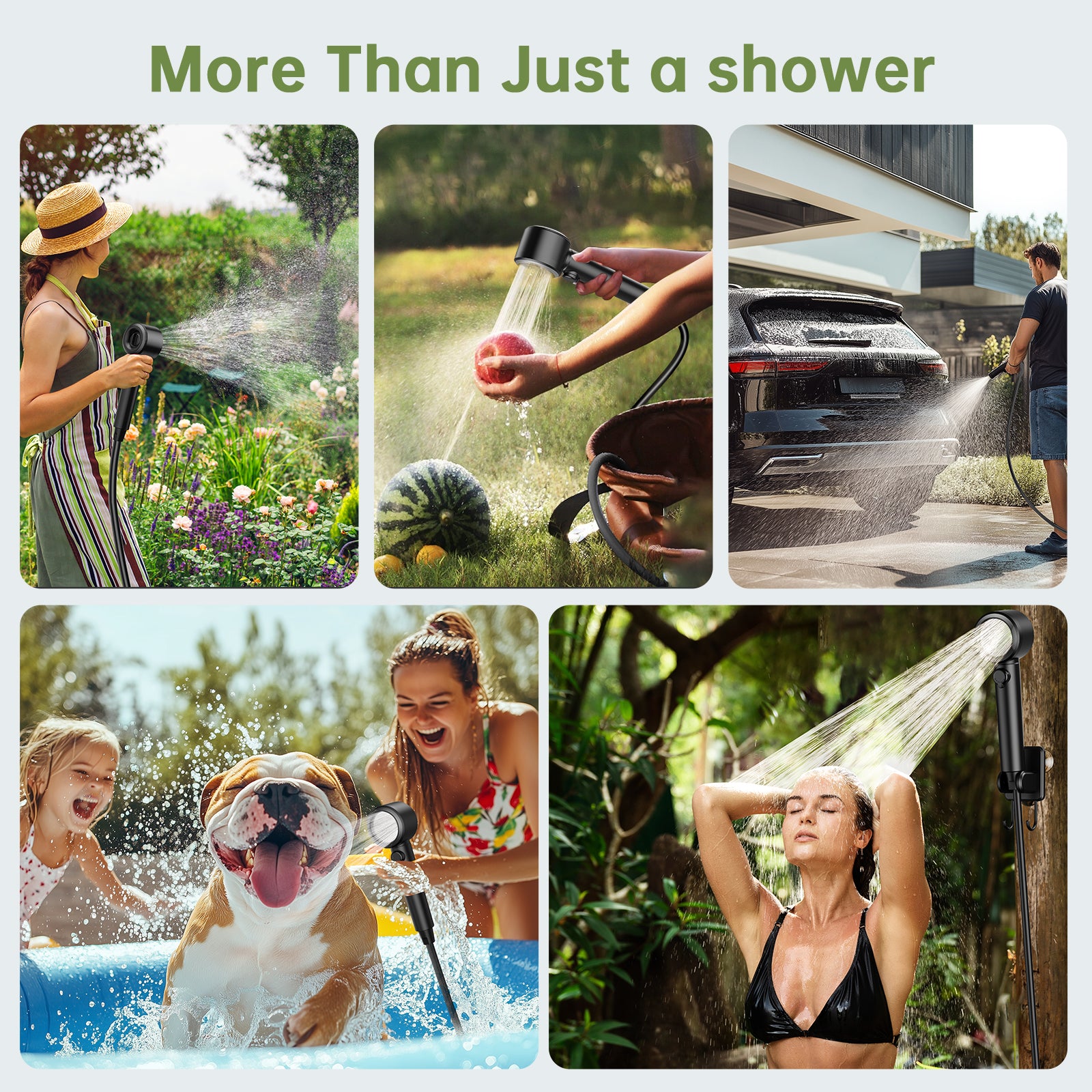 Portable Camping Shower kit - Rechargeable Pump with Bath Sponge, One-Button Control, 10L/min Flow, 4 Spray Modes,  IPX8 Waterproof, for Hiking, Travel, Car Washing, Pet, Watering Plants Green