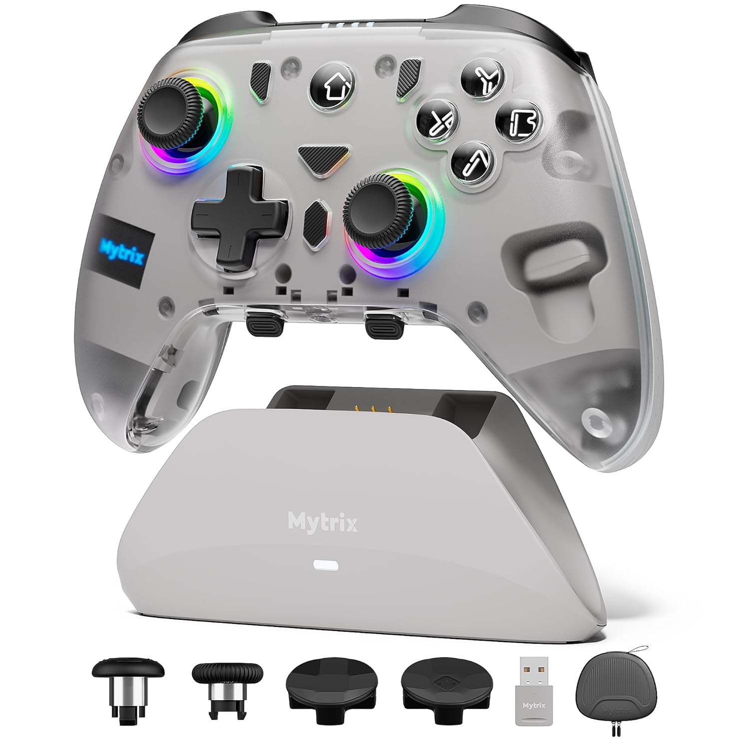 Mytrix Pro PC Controller with Charing Dock, Wireless Bluetooth 2.4G Wired Multi-Platform Controllers Hall Effect Joysticks Hall/Micro 2-in-1 Triggers, 1000Hz Report Rate 4 Macro Keys ABXY MicroSwitch