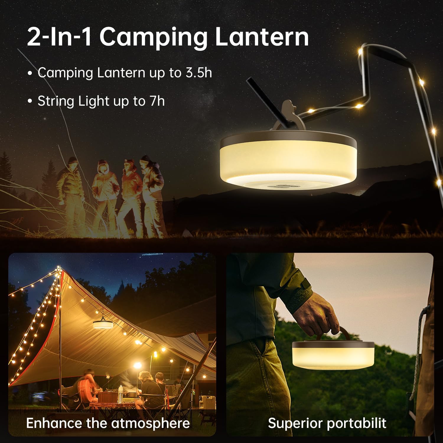 Camping String Lights (2-Pack): 33FT, 7 Modes, IPX4 Waterproof, Rechargeable LED, 25s Rapid Recovery for Outdoor Tent, Hiking, and Décor, Yellow