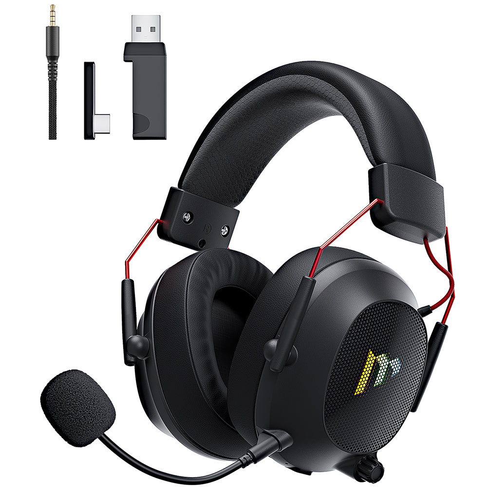 Mytrix Tac Master 2.4GHz Wireless Gaming Headset with Noise Canceling Microphone for PC, PS4, PS5, Mac, Bluetooth 5.3 Gaming Headphones with RGB Light, Surround Sound, 48H Battery