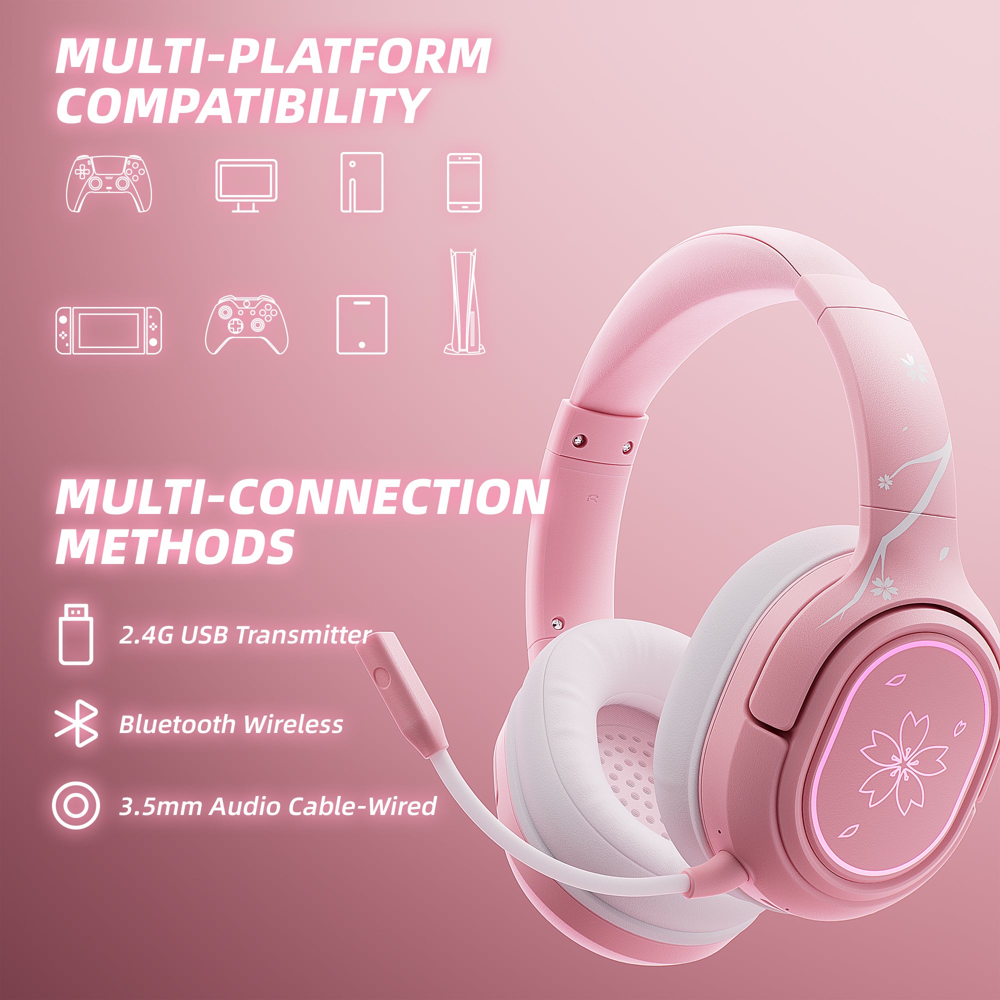 2.4GHz Wireless Gaming Headset for PS5/PC/PS4/Mobile/Switch, Bluetooth 5.3 Stereo Headphones with Mic for Switch/Mobile/Tablet,   with 3.5mm Jack, RGB Light, Bass Surround, Soft Memory Earmuffs