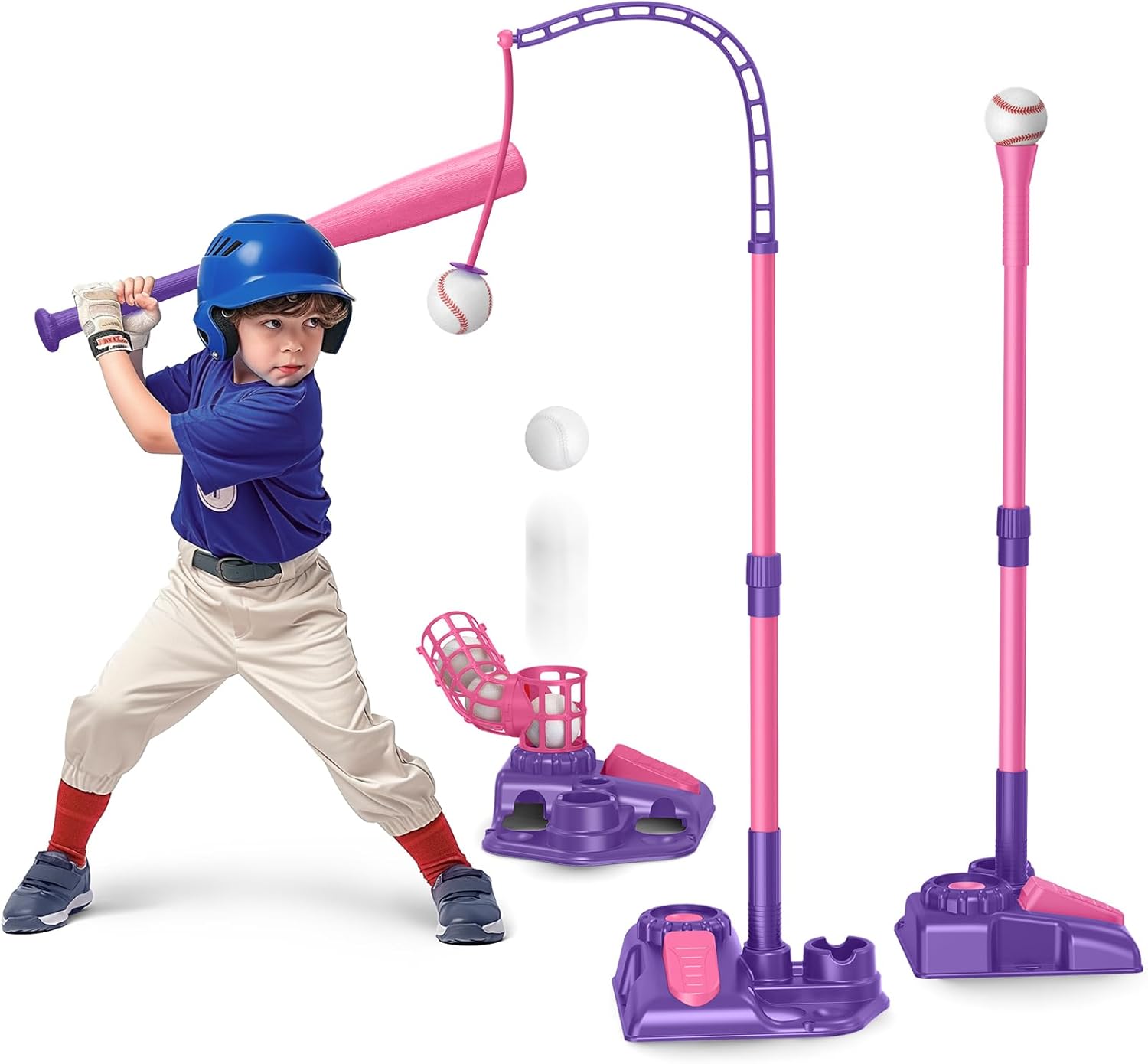 3-in-1 T Ball Set for Kids 3-5 5-8 , Baseball Tee Set with Adjustable Batting Tee & Pitching Machine & Retractable Baseball Bat & 6 Baseballs, Outdoor Toy Gifts for Boys Girls Toddlers, Purple