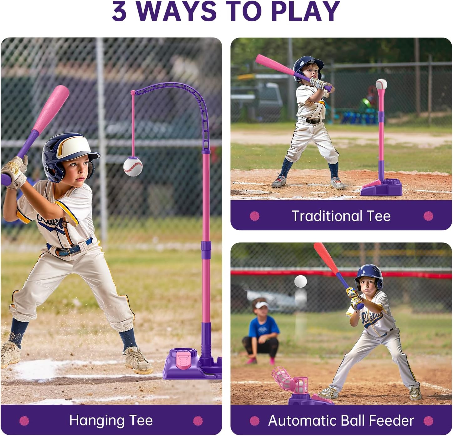 3-in-1 T Ball Set for Kids 3-5 5-8 , Baseball Tee Set with Adjustable Batting Tee & Pitching Machine & Retractable Baseball Bat & 6 Baseballs, Outdoor Toy Gifts for Boys Girls Toddlers, Purple