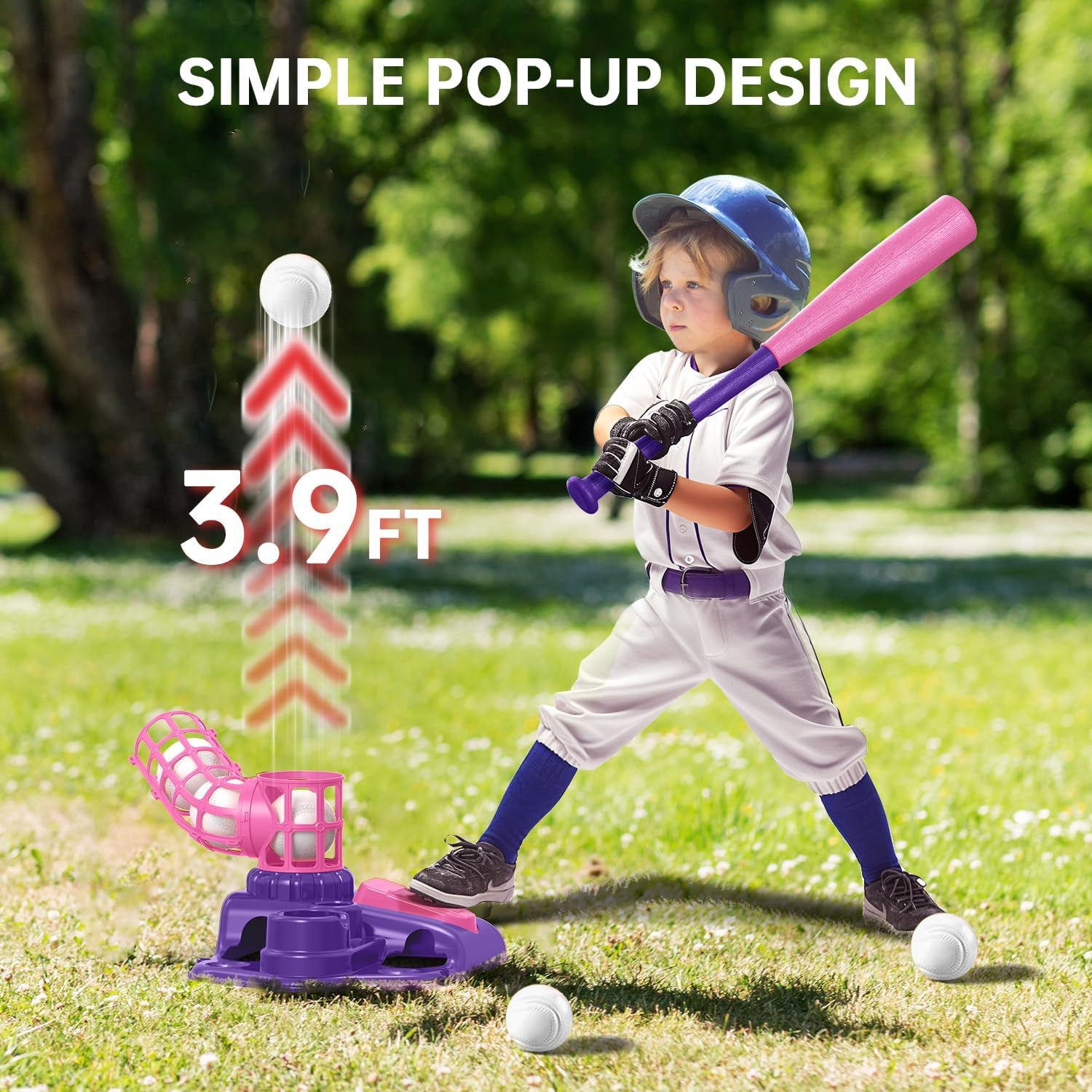 3-in-1 T Ball Set for Kids 3-5 5-8 , Baseball Tee Set with Adjustable Batting Tee & Pitching Machine & Retractable Baseball Bat & 6 Baseballs, Outdoor Toy Gifts for Boys Girls Toddlers, Purple