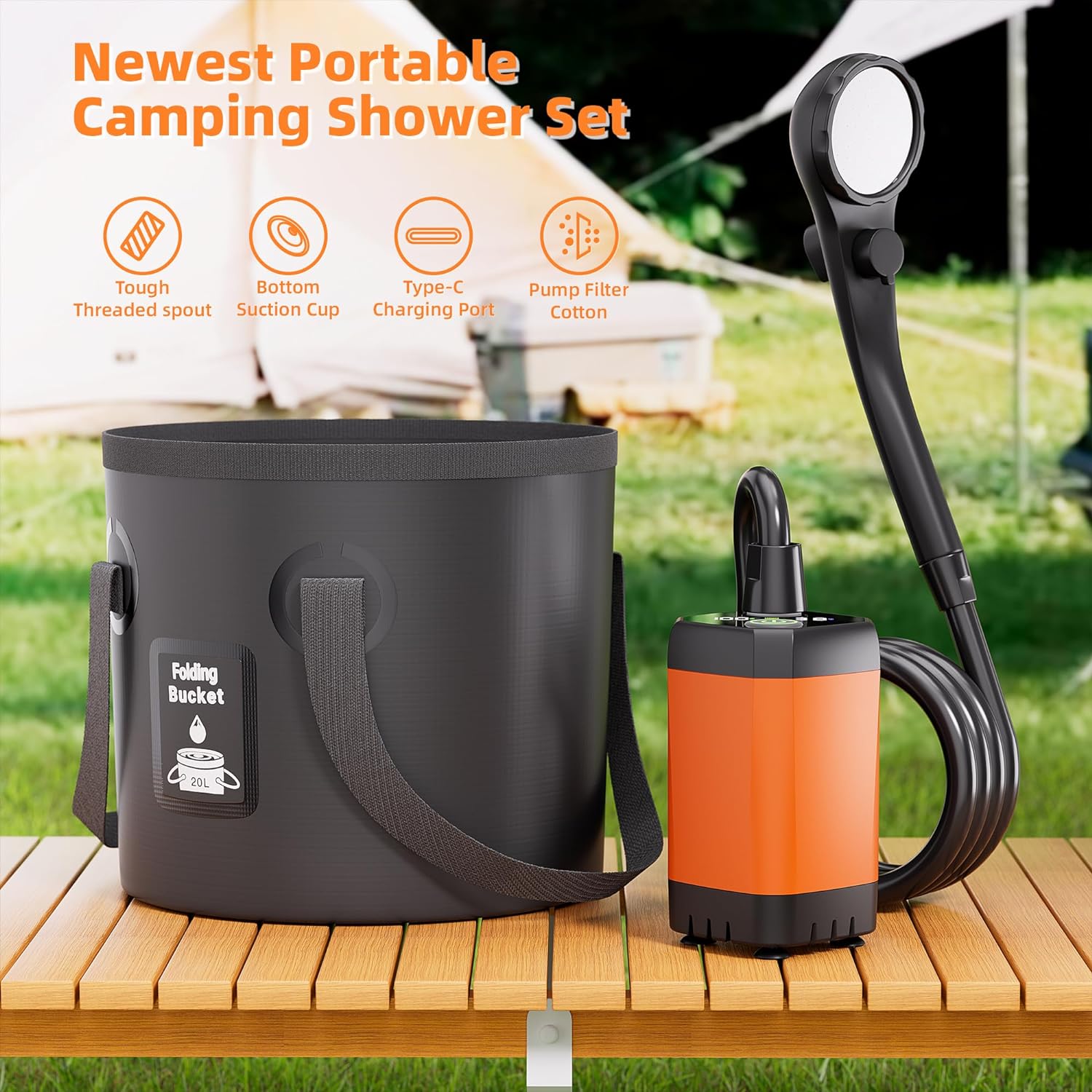 Portable Camping Shower, Upgrade 6000mAh Rechargeable Electric Shower Pump & 5 Gallon Collapsible Bucket, LED Display, Multiple Spray Modes, Portable Shower for Outdoor Camping Hiking (Orange)