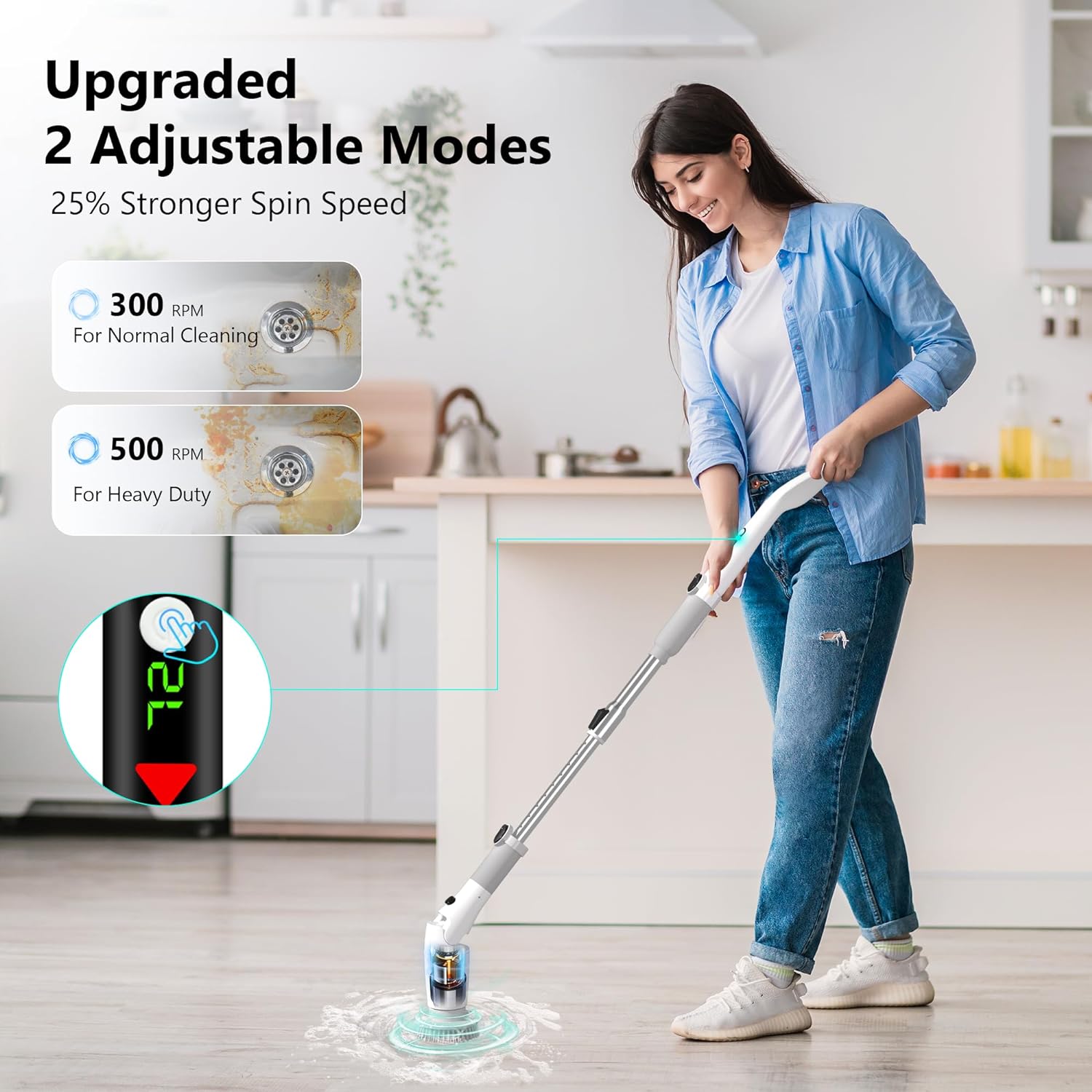 Capon Electric Spin Scrubber, 2023 Newly Upgrade Rechargeable Cordless Cleaning Brush with 8 Replaceable Brush Heads, LED Display, Power 2 Speeds, Adjustable Long Handle, for Bathroom Floor Tile Car