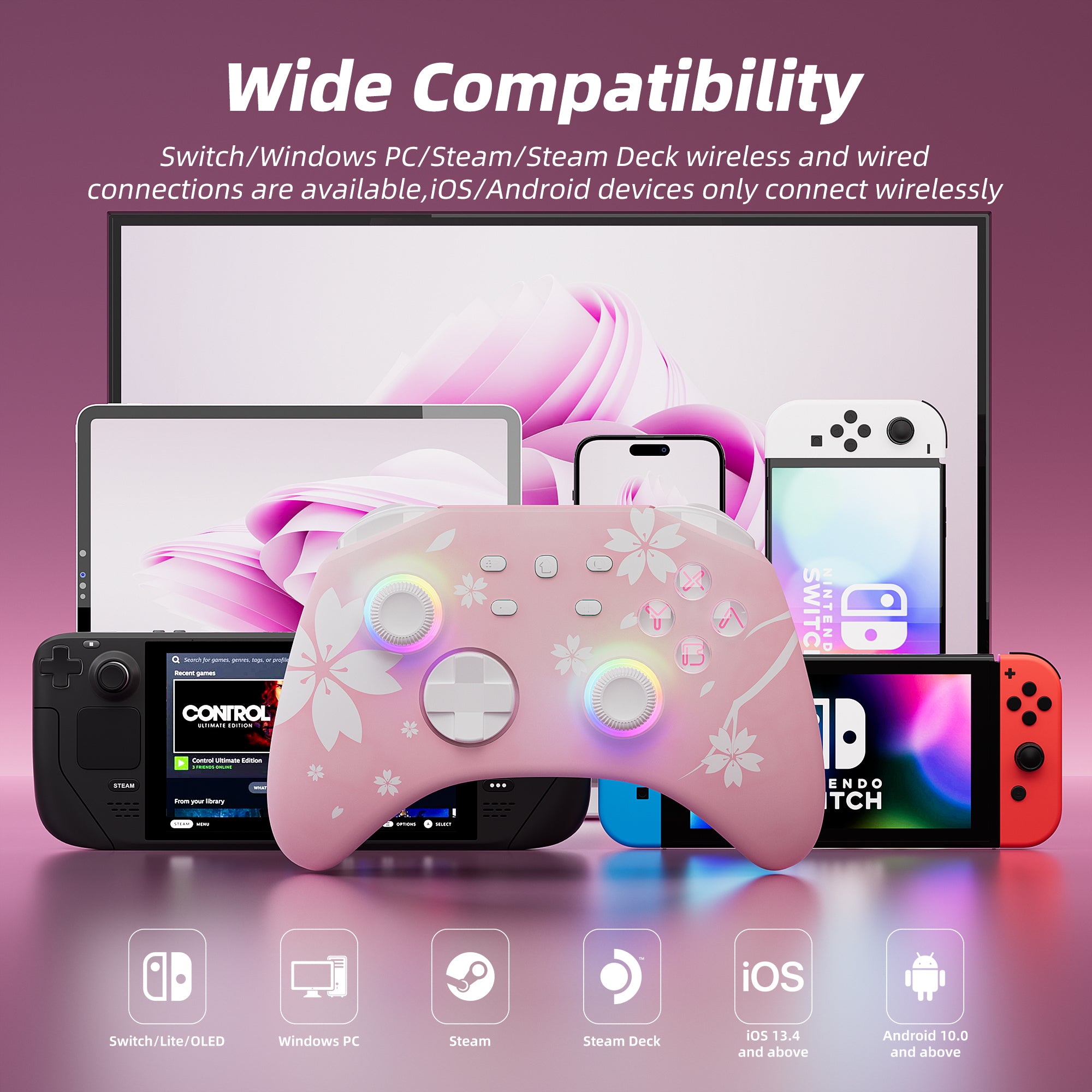 Mytrix Wireless Pro Controllers for Nintendo Switch, Windows PC iOS Android Steam/Steam Deck, Sakura Pink Bluetooth Controller with Programmable, Headphone Jack, Adjustable LED Light/Turbo/Vibration