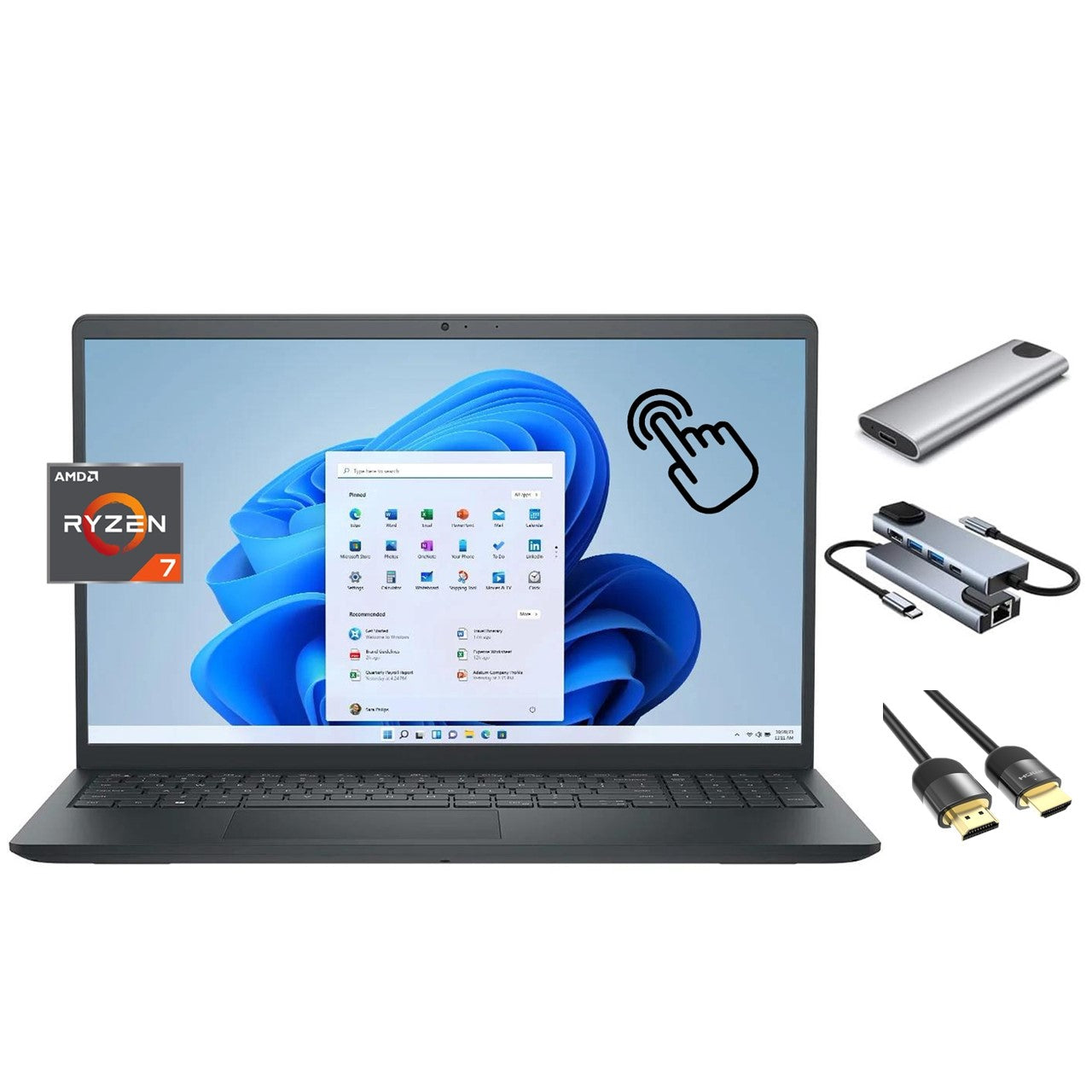 Dell Inspiron 15.6 inch Touchscreen Laptop, 8-Core Ryzen 7 7730U (beats Ultra 7 165U), 32GB RAM, 1TB SSD + 256GB Portable SSD Hub, KeyPad, WebCam, USB-C, SD Card Reader, Win 11