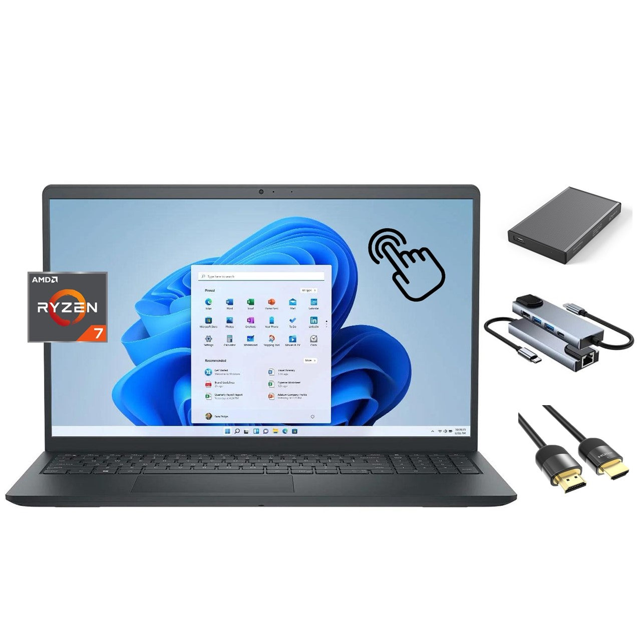 Dell Inspiron 15.6 inch Touchscreen Laptop, 8-Core Ryzen 7 7730U (beats Ultra 7 165U), 64GB RAM, 2TB SSD + 500GB Portable Storage Hub, KeyPad, WebCam, USB-C, SD Card Reader, Win 11