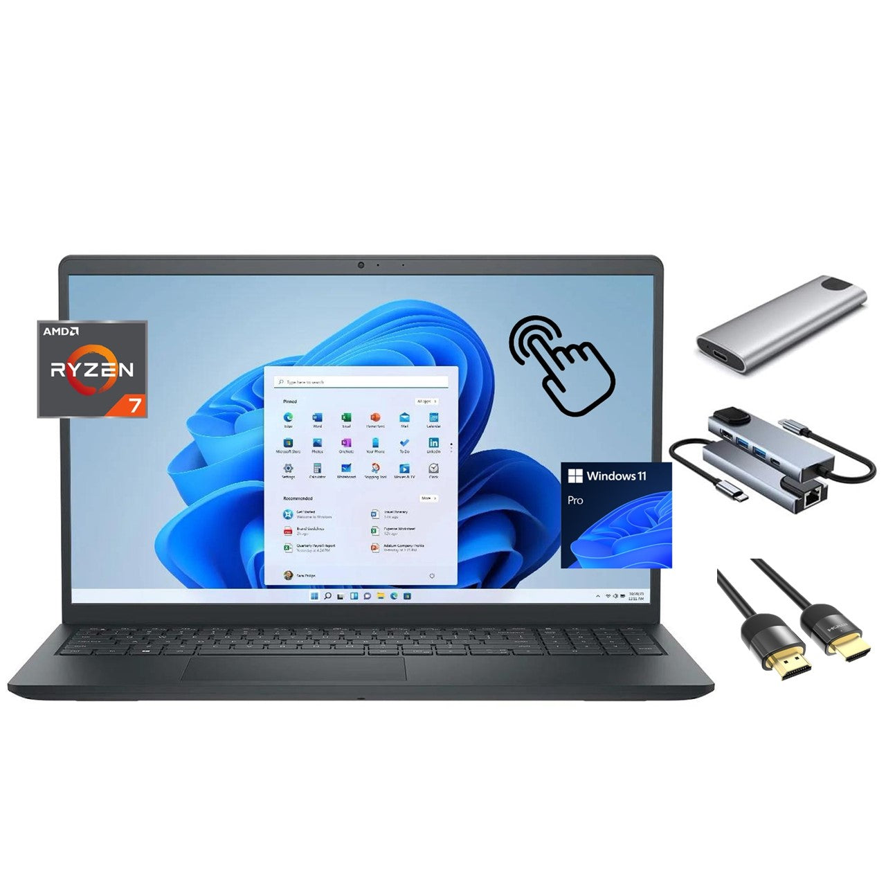 Dell Inspiron 15.6 inch Touchscreen Laptop, 8-Core Ryzen 7 7730U (beats Ultra 7 165U), 64GB RAM, 2TB SSD + 256GB Portable SSD Hub, KeyPad, WebCam, USB-C, SD Card Reader, Win 11 Pro