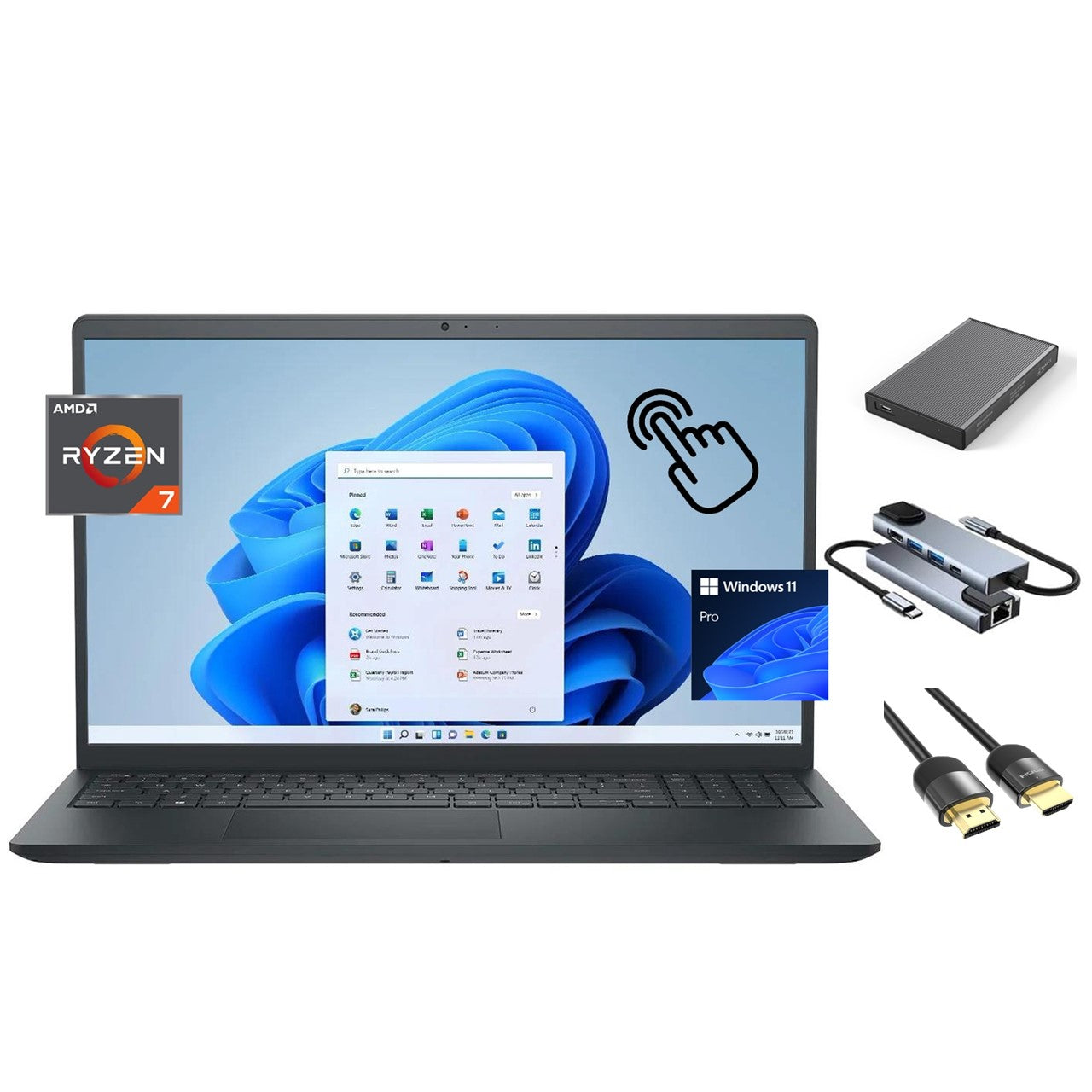 Dell Inspiron 15.6 inch Touchscreen Laptop, 8-Core Ryzen 7 7730U (beats Ultra 7 165U), 32GB RAM, 1TB SSD + 500GB Portable Storage Hub, KeyPad, WebCam, USB-C, SD Card Reader, Win 11 Pro