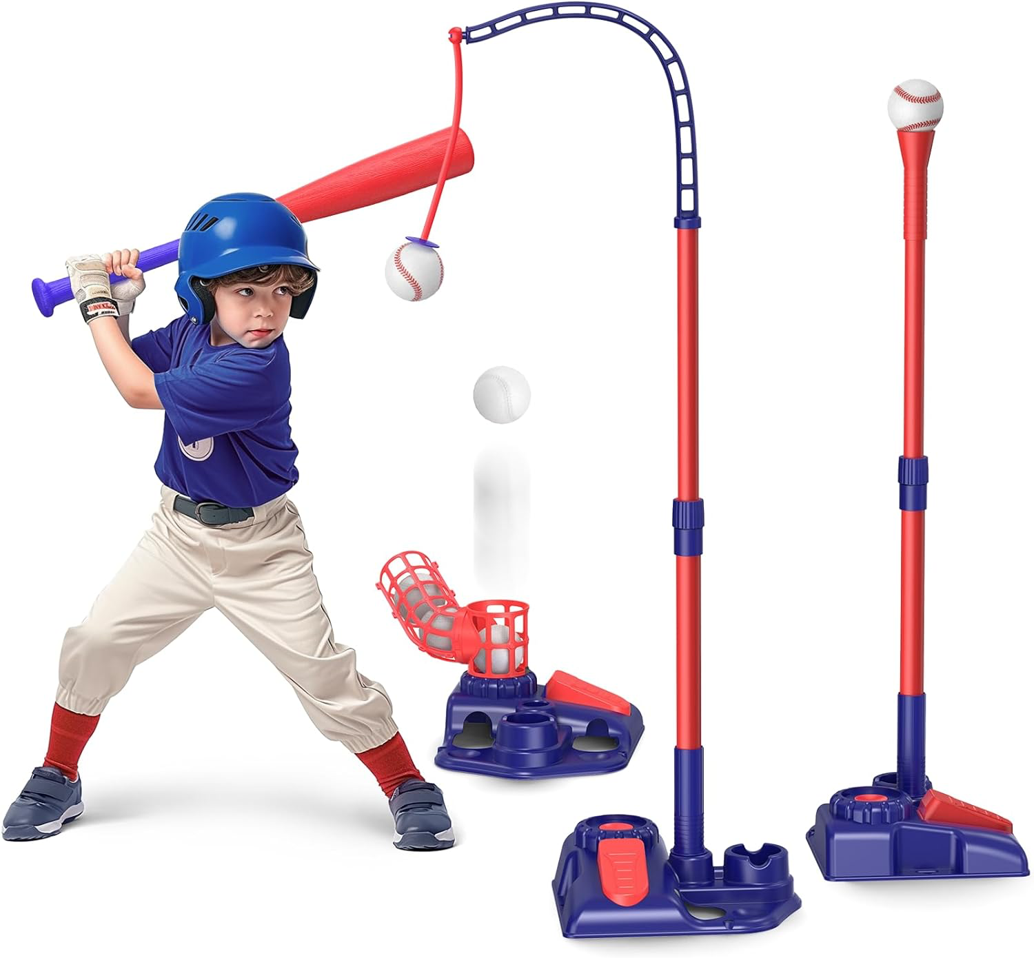 3-in-1 Kids Baseball Set for Ages 3-5/5-8, Batting Tee, Stand Tee, Pitching Machine with 6 Plastic Softballs & Bat, Adjustable Height, Indoor/Outdoor Backyard Sport Games Gifts for Boys and Girls