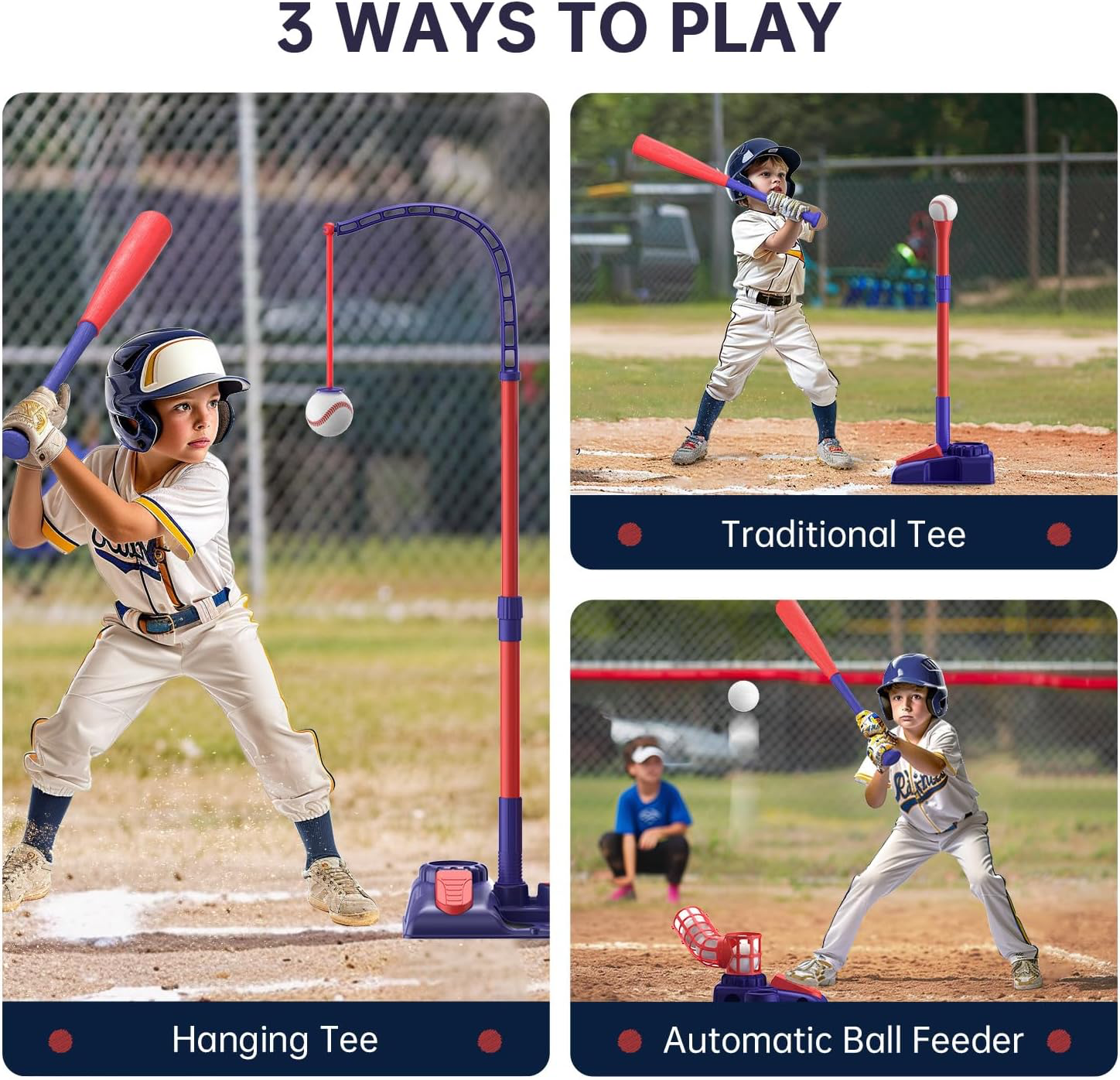 3-in-1 Kids Baseball Set for Ages 3-5/5-8, Batting Tee, Stand Tee, Pitching Machine with 6 Plastic Softballs & Bat, Adjustable Height, Indoor/Outdoor Backyard Sport Games Gifts for Boys and Girls