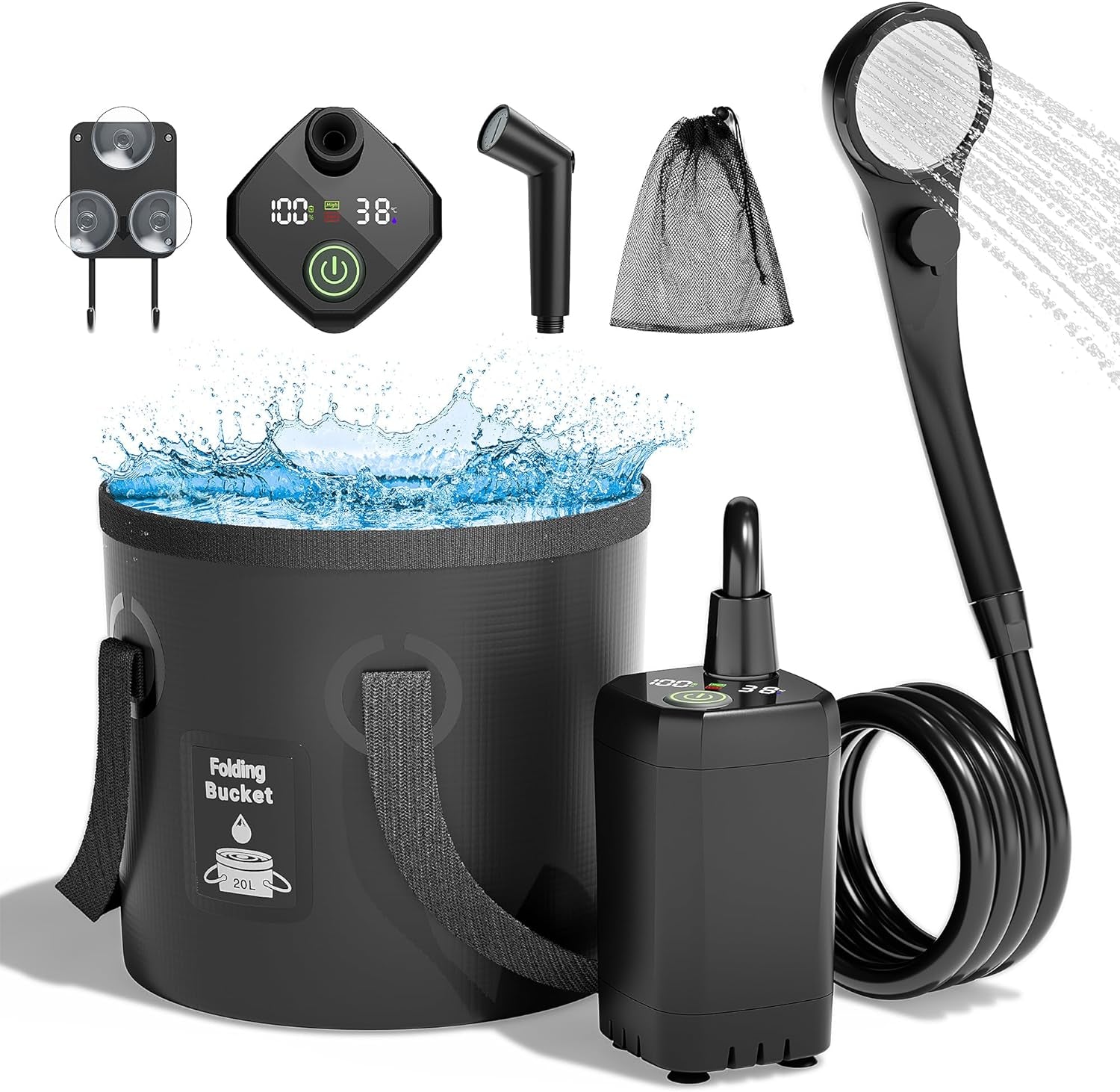 Portable Camping Shower, 6000mAh Rechargeable Shower Pump, Filtered Shower Head & 5 Gallons Foldable Bucket, Outdoor Shower for Hiking, Beach, Travel, Pet Bath, Car Washing, Surf & Boat Cleaning