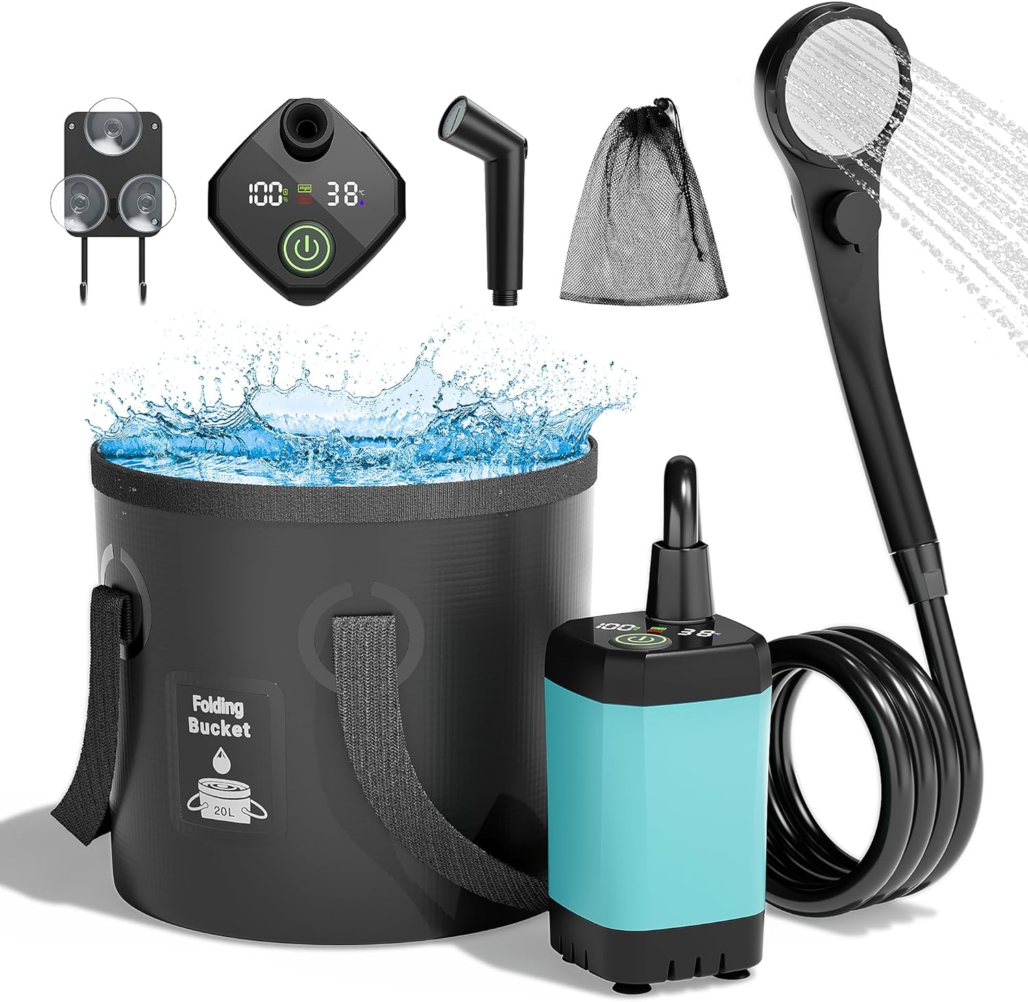 Portable Camping Shower, 6000mAh Rechargeable Shower Pump, Filtered Shower Head & 5 Gallons Foldable Bucket, Outdoor Shower for Hiking Beach, Travel, Pet Bath, Car Washing, Surf & Boat Cleaning