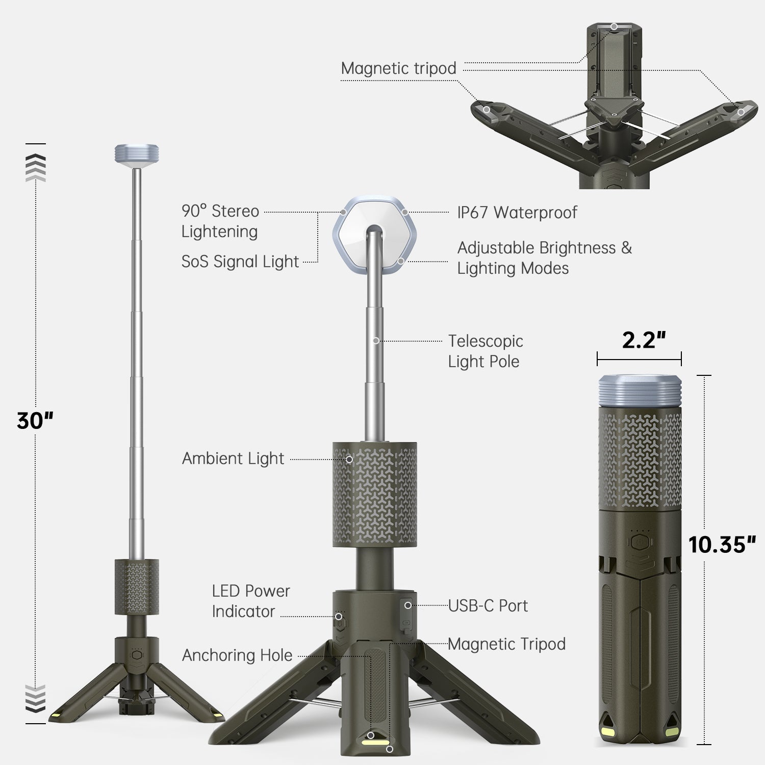 Camping Lantern Outdoor, Foldable Telescopic Light with Magnetic Base, 10000mAh Battery Operated Rechargeable Lights, Portable Flashlight, for Emergency/Outages/Hiking/Fishing, IPX7 Waterproof(Green)