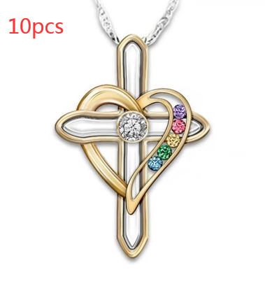 Cross Love Colorful Imitatio Gemstone Pendant Alloy Clavicle Chain