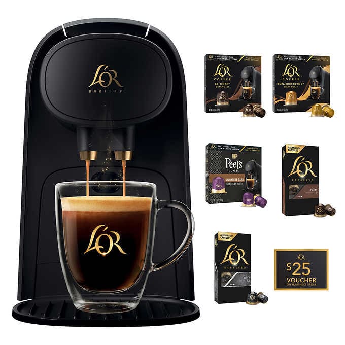 L'OR BARISTA Coffee & Espresso Machine Includes: 30 Coffee Pods, 20 Espresso Pods, $25 Off Coffee