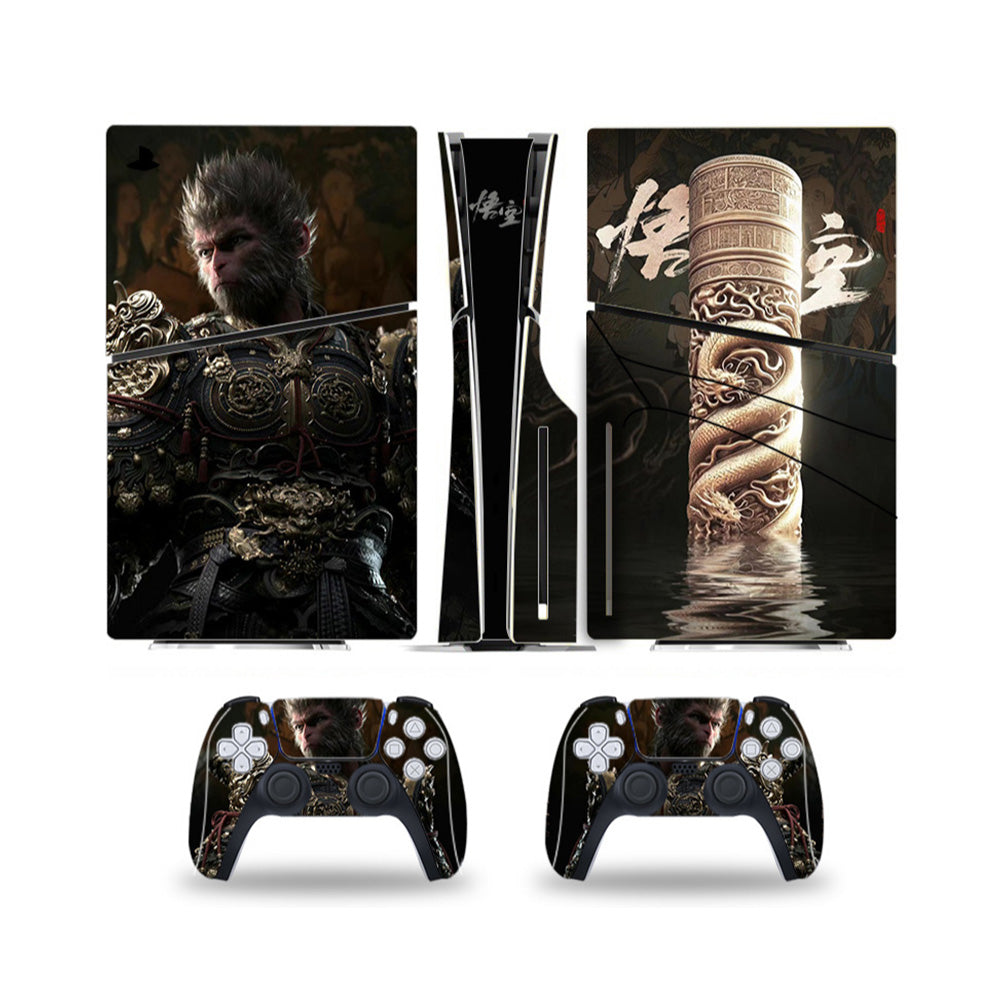 PlayStation 5 Slim Disc Version PS5 Gaming Console, AMD Ryzen Zen 8 Cores CPU 1TB PCIe Gen 4 NVNe SSD with 2 Wireless Controller, Customized Full Body Skins - Wukong Ruyi Jingu Bang - PS5 Disc Slim