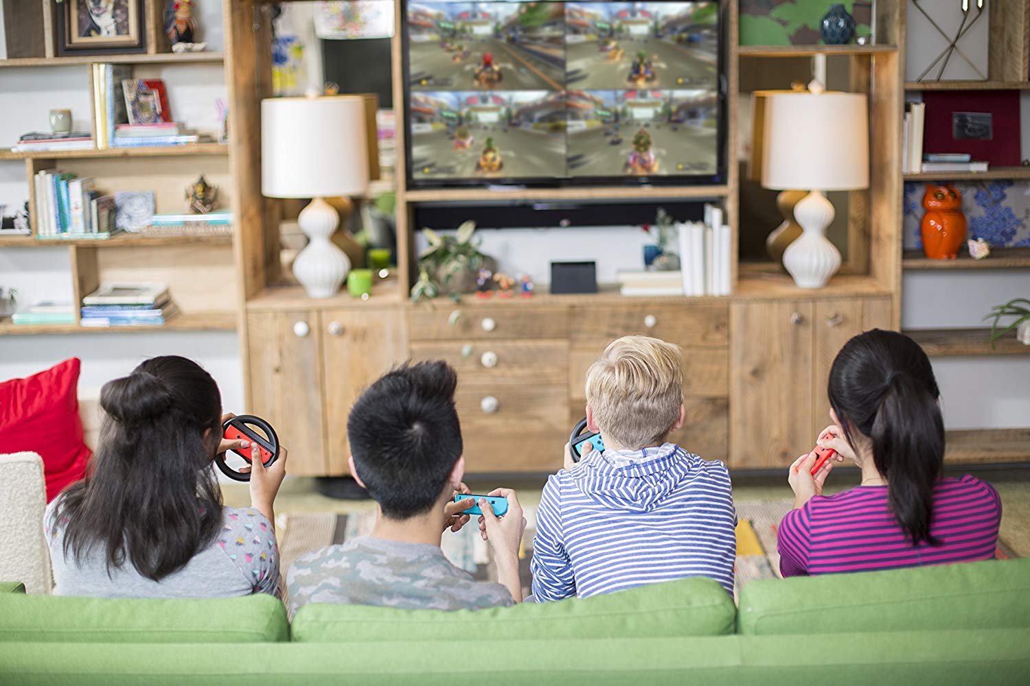 Nintendo Switch Mario Kart 8 Deluxe Bundle: Red Blue Console, Mario Kart 8 & Membership, Overcooked! All You Can Eat, Mytrix Wireless Pro Controller Pink Cherry Blossom and Accessories