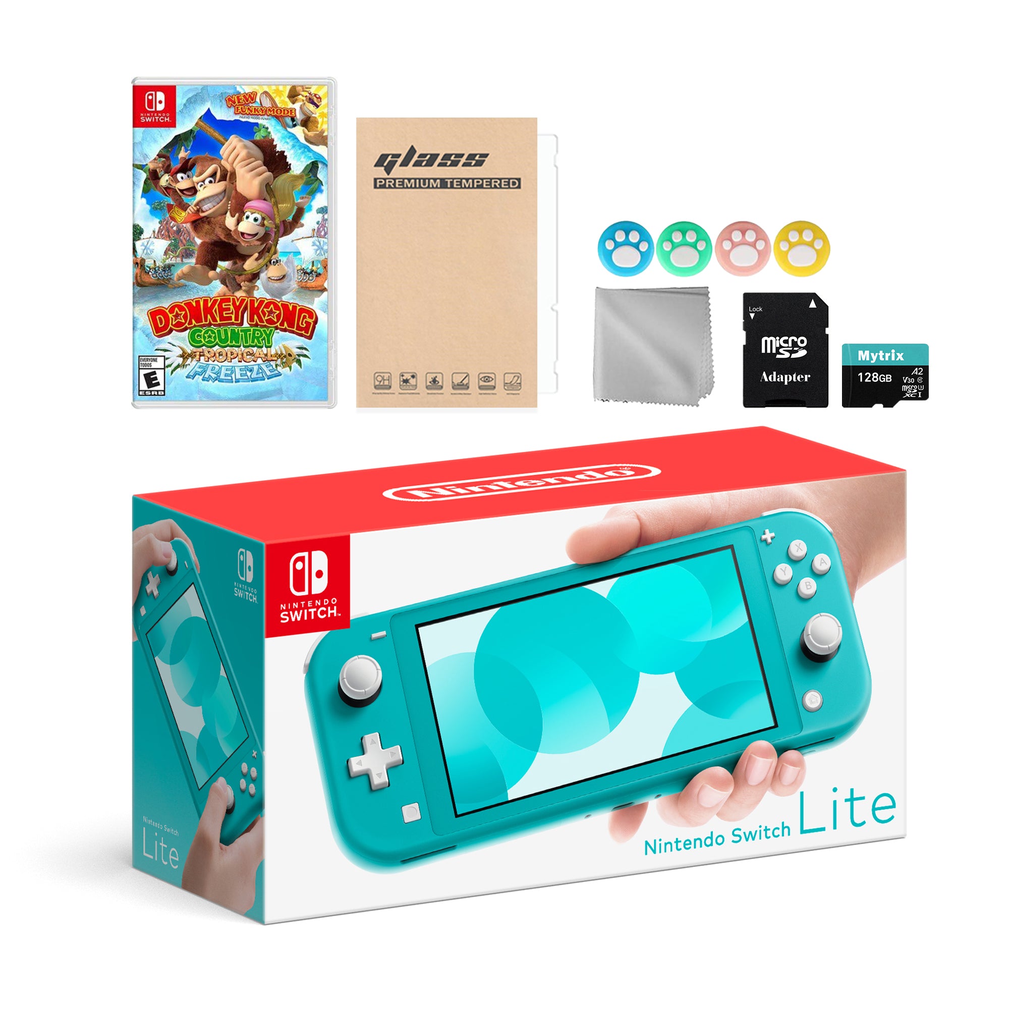 Nintendo Switch Lite Turquoise with Donkey Kong Country, Mytrix 128GB MicroSD Card and Accessories NS Game Disc Bundle Best Holiday Gift