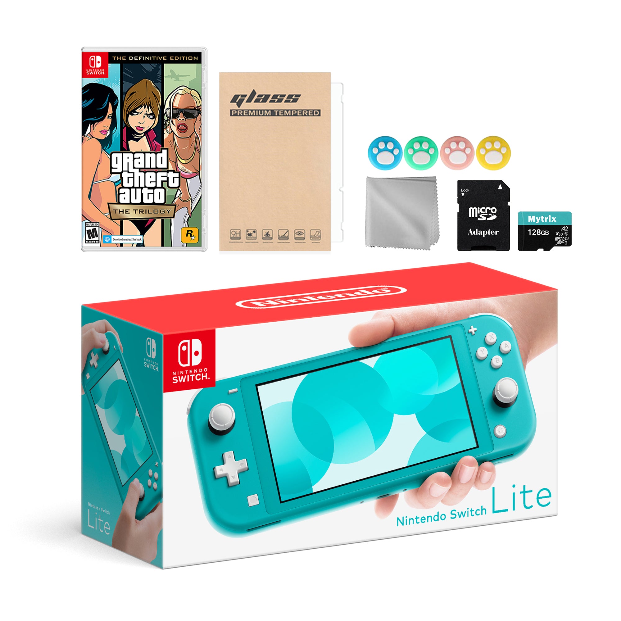 Nintendo Switch Lite Turquoise with Grand Theft Auto: The Trilogy, Mytrix 128GB MicroSD Card and Accessories NS Game Disc Bundle Best Holiday Gift