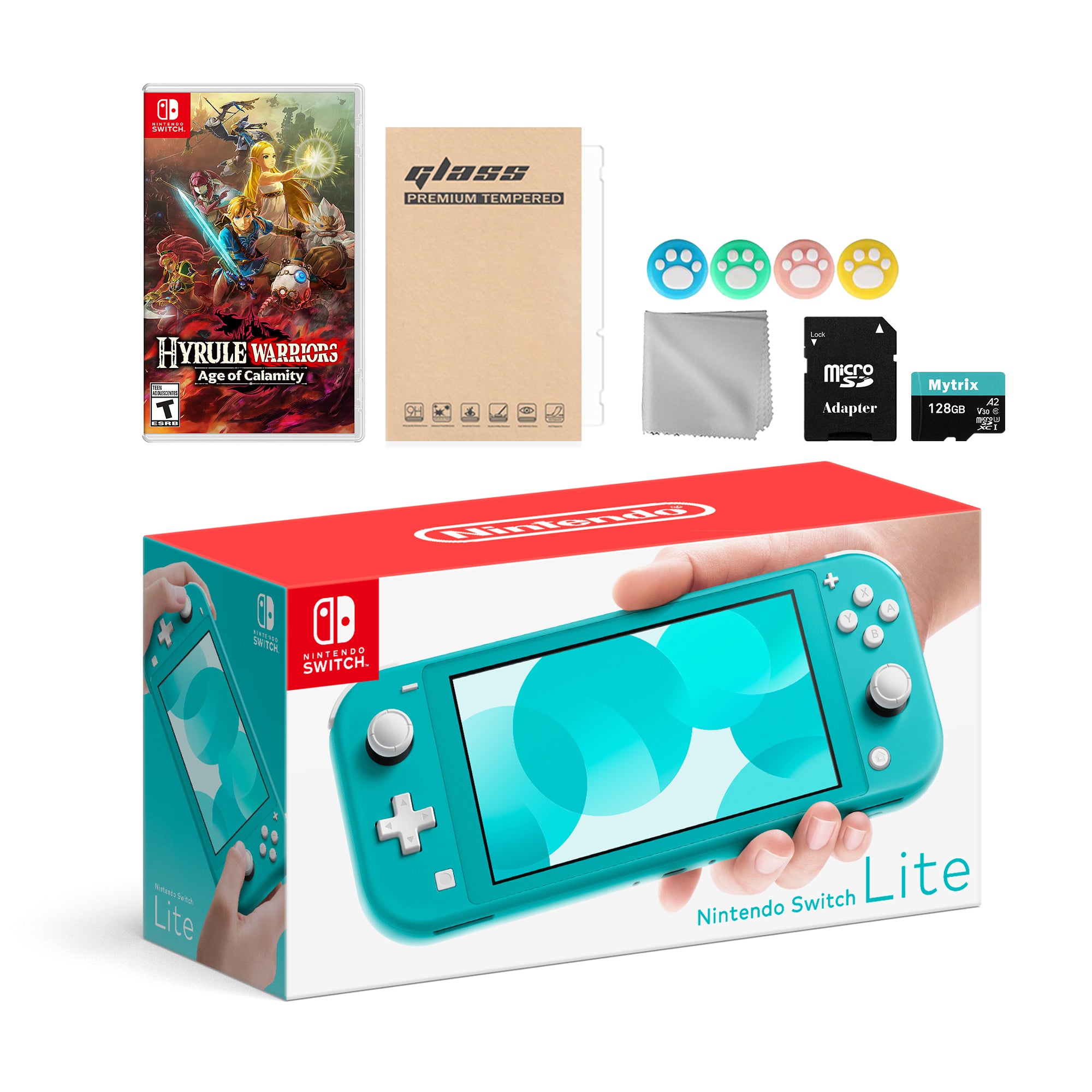 Nintendo Switch Lite Turquoise with Hyrule Warriors: Age of Calamity, Mytrix 128GB MicroSD Card and Accessories NS Game Disc Bundle Best Holiday Gift