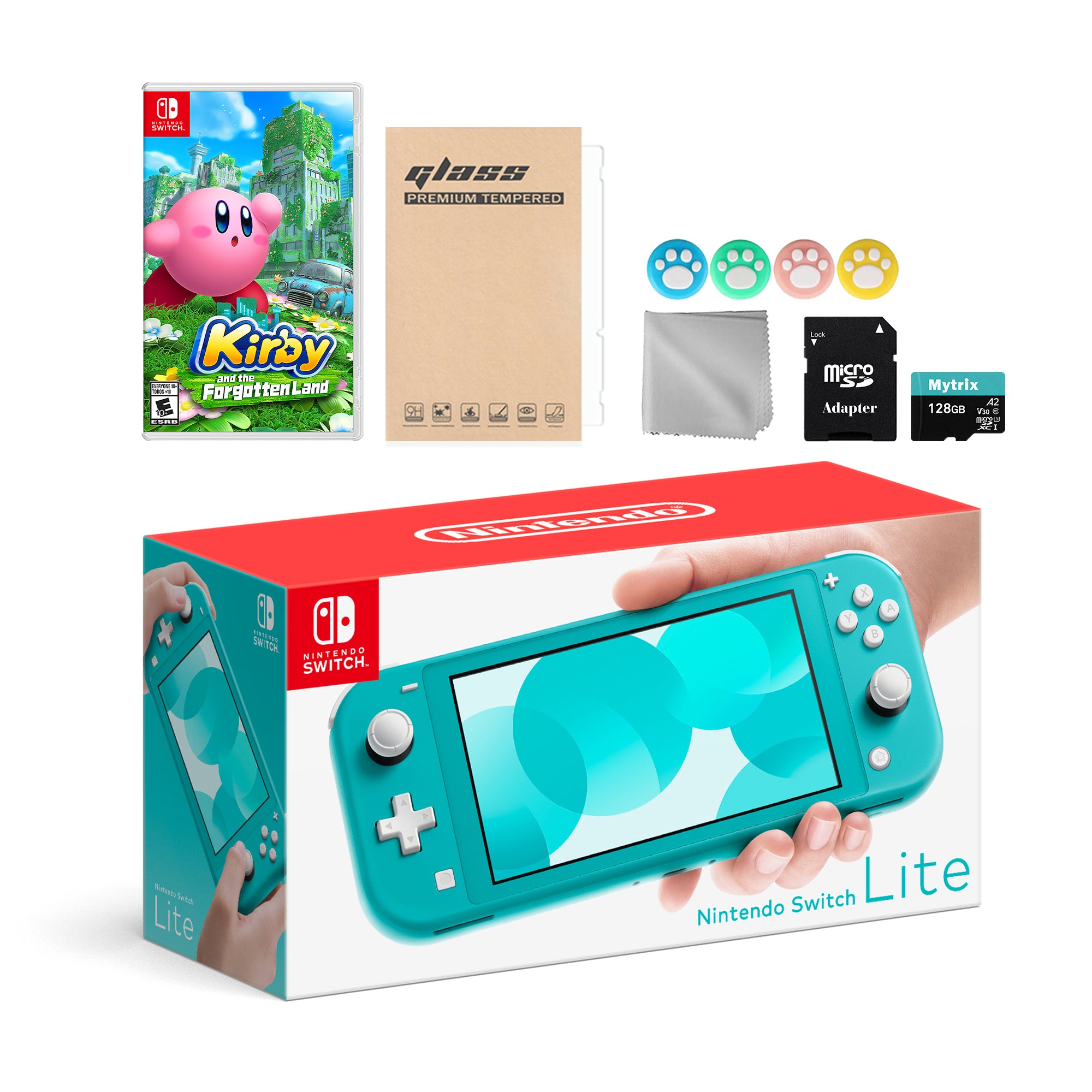 Nintendo Switch Lite Turquoise with Kirby and the Forgotten Land, Mytrix 128GB MicroSD Card and Accessories NS Game Disc Bundle Best Holiday Gift