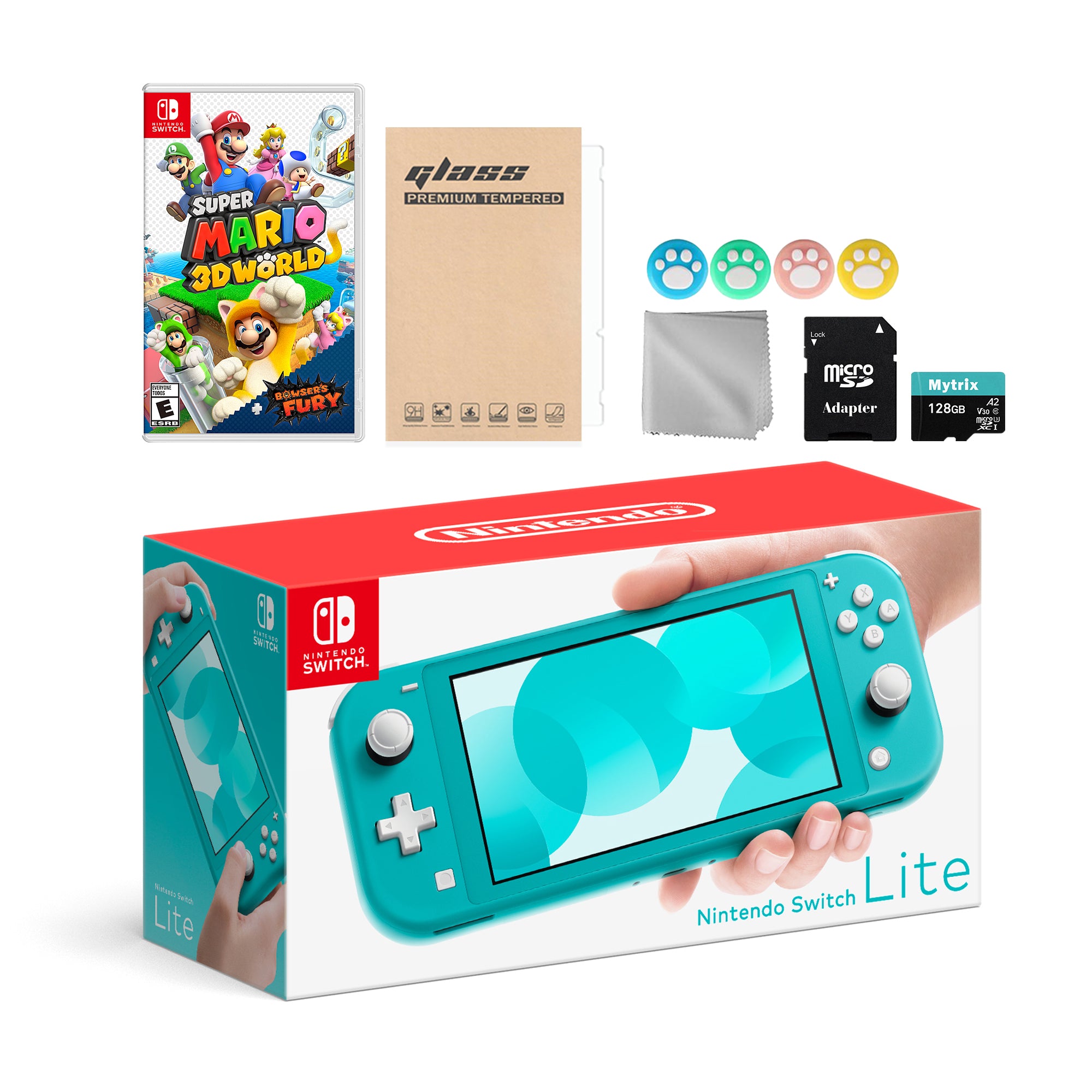 Nintendo Switch Lite Turquoise with Super Mario 3D World + Bowser's Fury, Mytrix 128GB MicroSD Card and Accessories NS Game Disc Bundle Best Holiday Gift