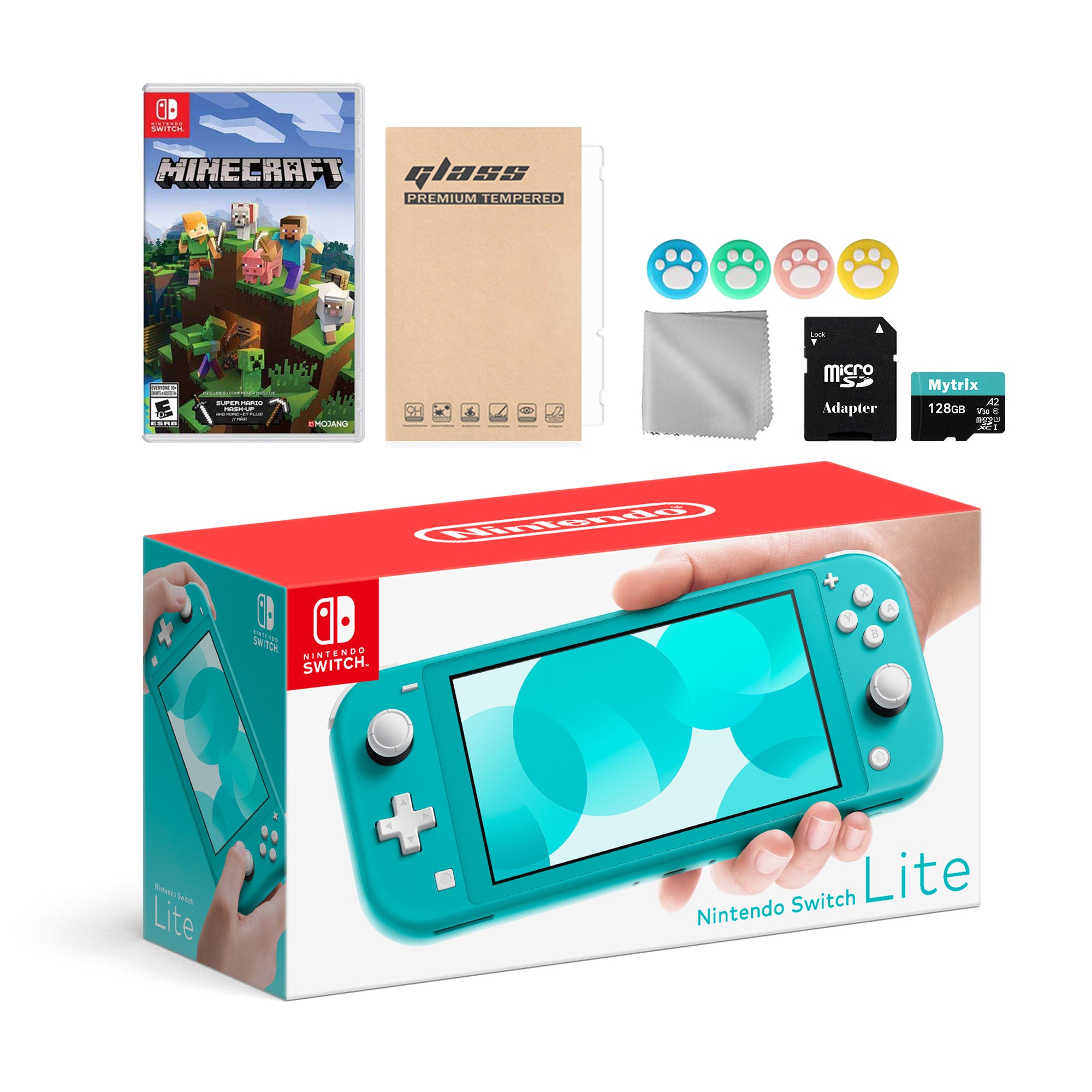 Nintendo Switch Lite Turquoise with Minecraft, Mytrix 128GB MicroSD Card and Accessories NS Game Disc Bundle Best Holiday Gift