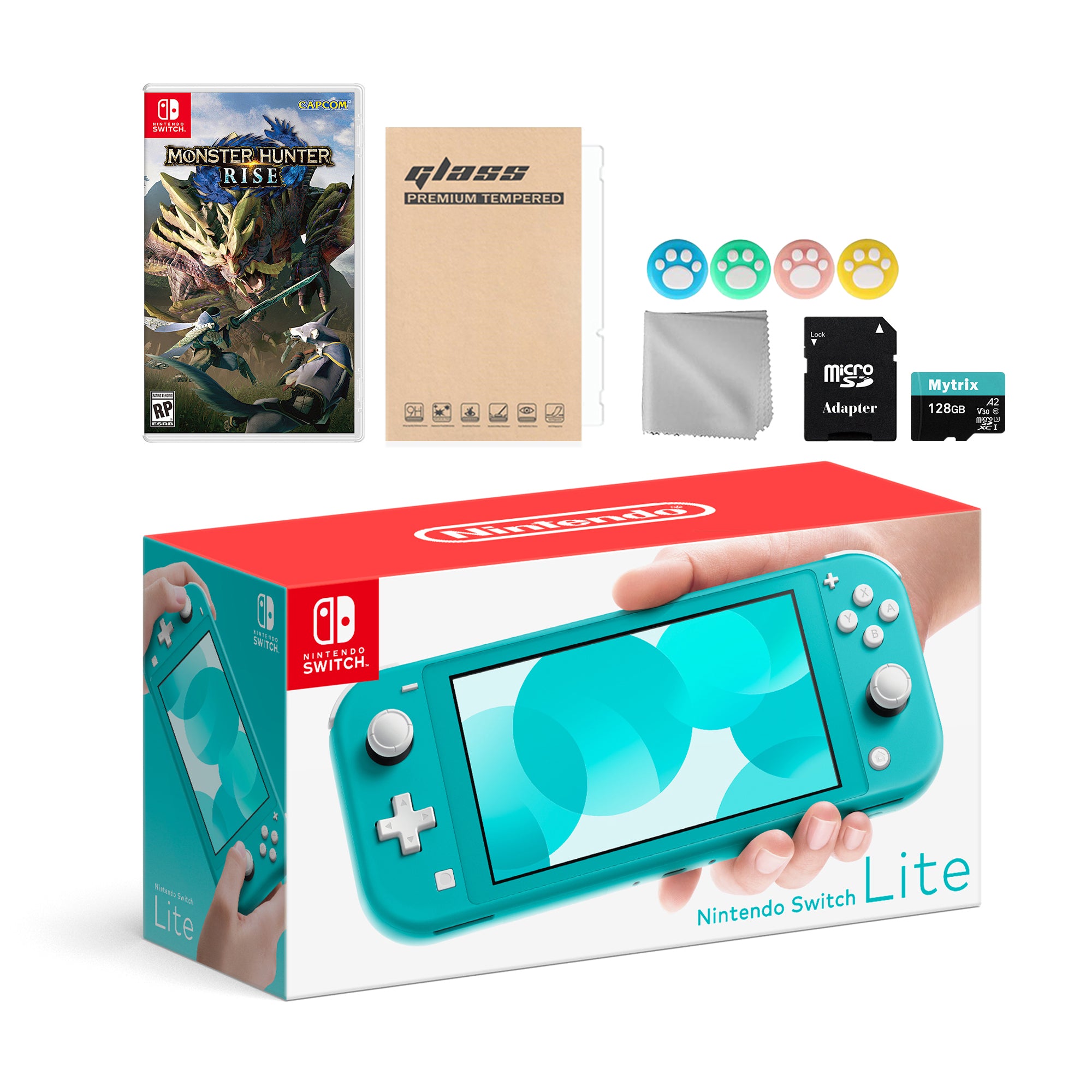 Nintendo Switch Lite Turquoise with Monster Hunter: Rise, Mytrix 128GB MicroSD Card and Accessories NS Game Disc Bundle Best Holiday Gift