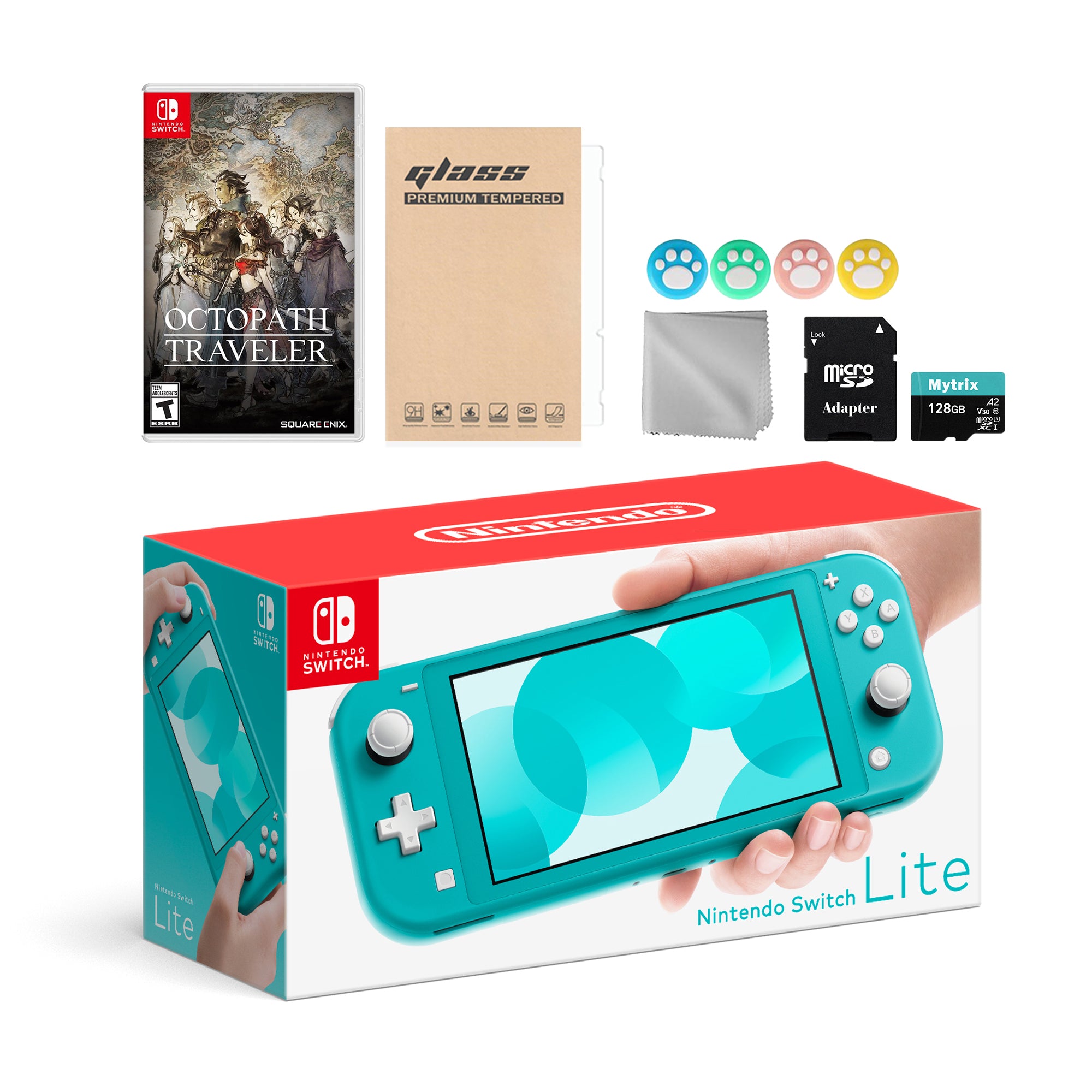 Nintendo Switch Lite Turquoise with Octopath Traveler, Mytrix 128GB MicroSD Card and Accessories NS Game Disc Bundle Best Holiday Gift