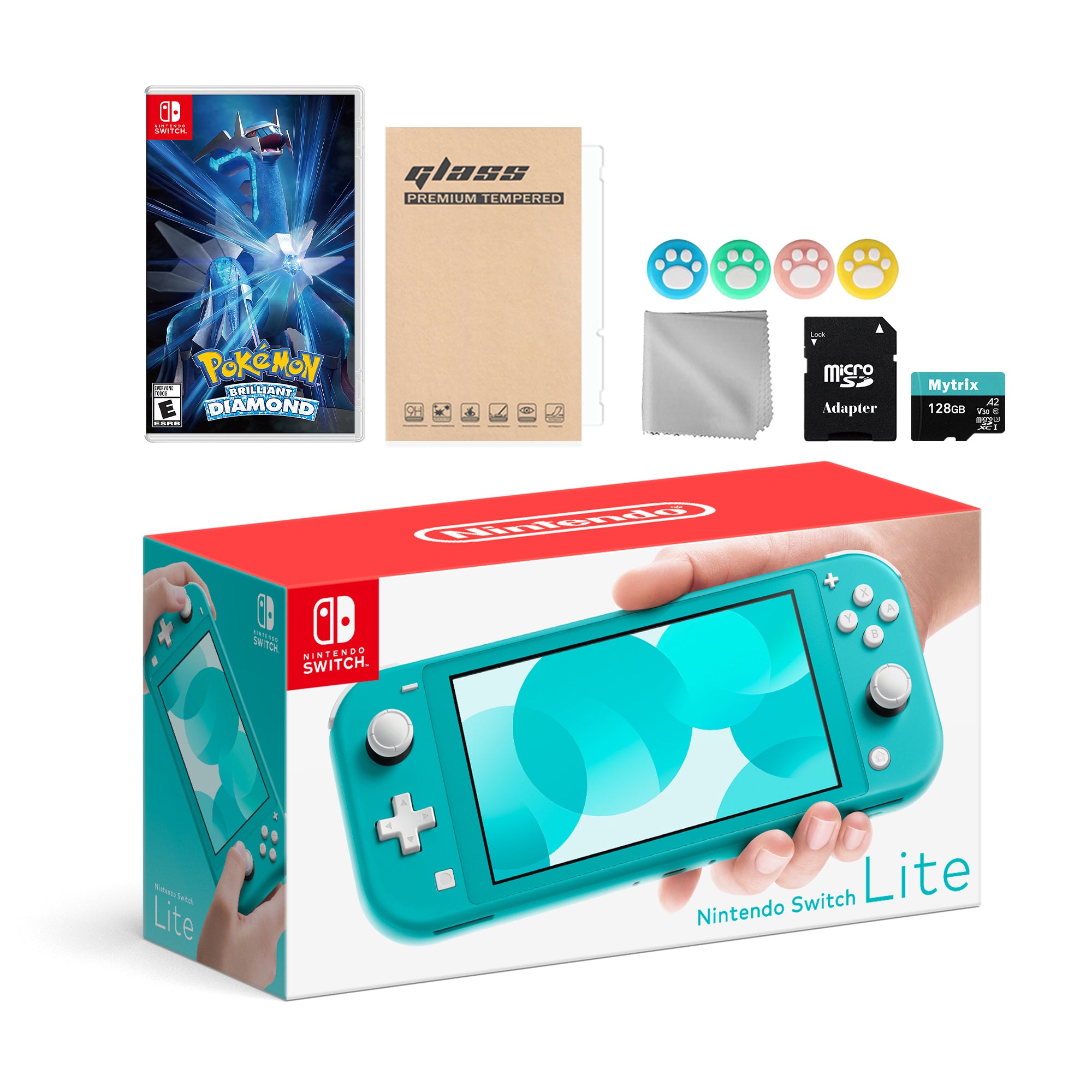 Nintendo Switch Lite Turquoise with Pokemon Brilliant Diamond, Mytrix 128GB MicroSD Card and Accessories NS Game Disc Bundle Best Holiday Gift