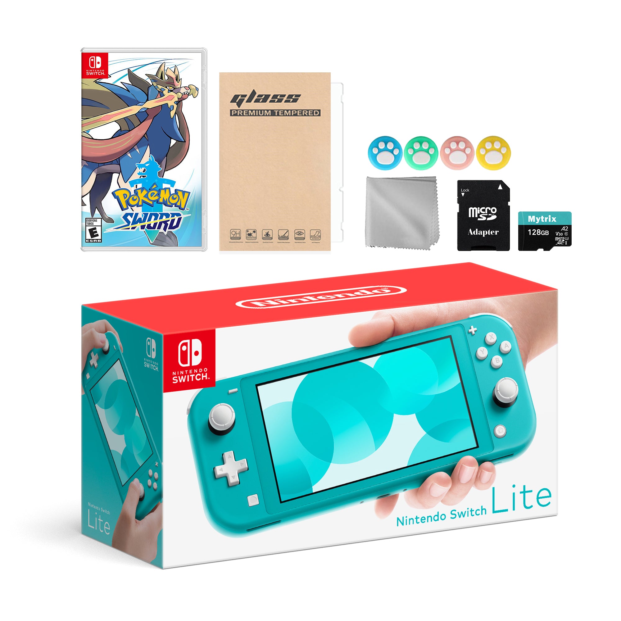 Nintendo Switch Lite Turquoise with Pokemon Sword, Mytrix 128GB MicroSD Card and Accessories NS Game Disc Bundle Best Holiday Gift